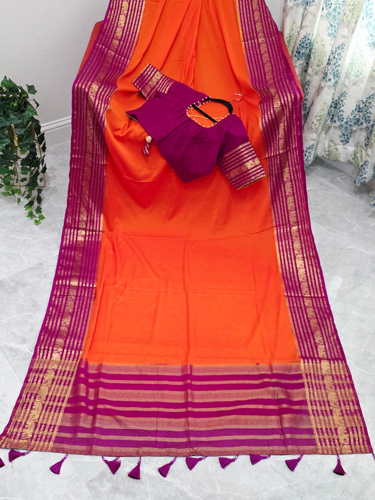 Sunset Orange & Rani Magenta Semi Mysore Crepe Silk Saree With Stitched Blouse
