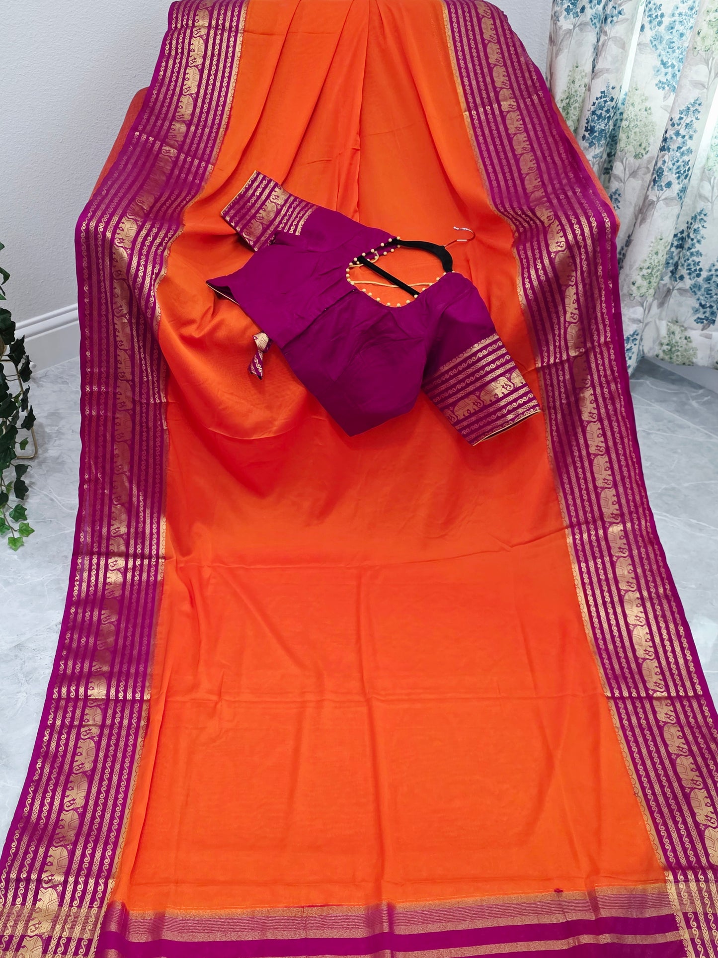 Sunset Orange & Rani Magenta Semi Mysore Crepe Silk Saree With Stitched Blouse