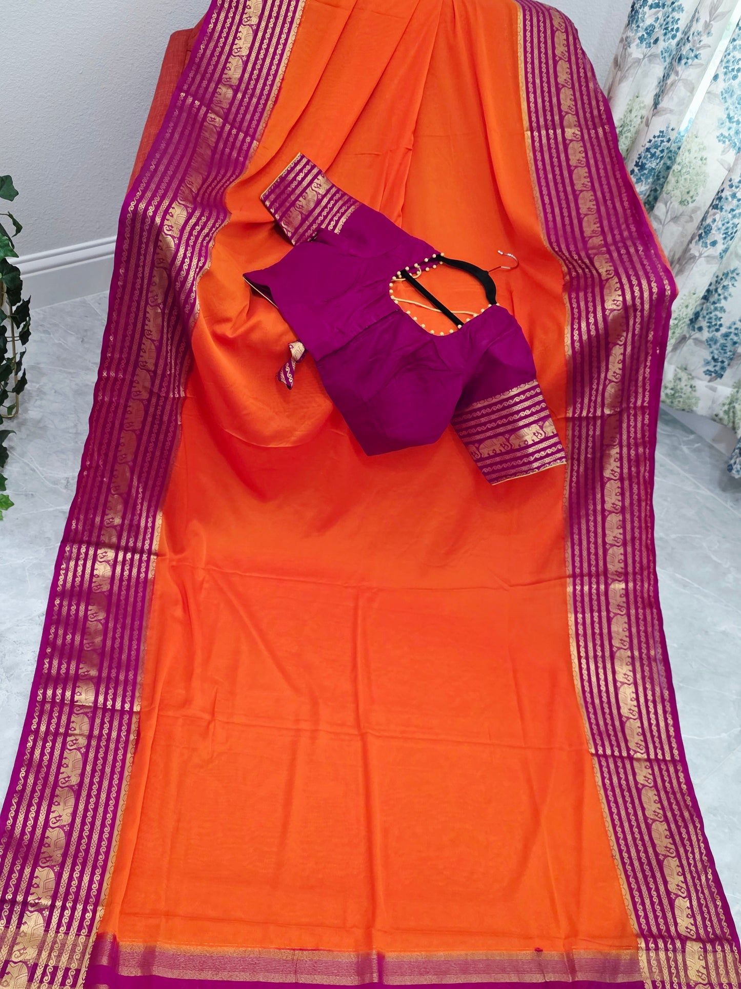 Sunset Orange & Rani Magenta Semi Mysore Crepe Silk Saree With Stitched Blouse