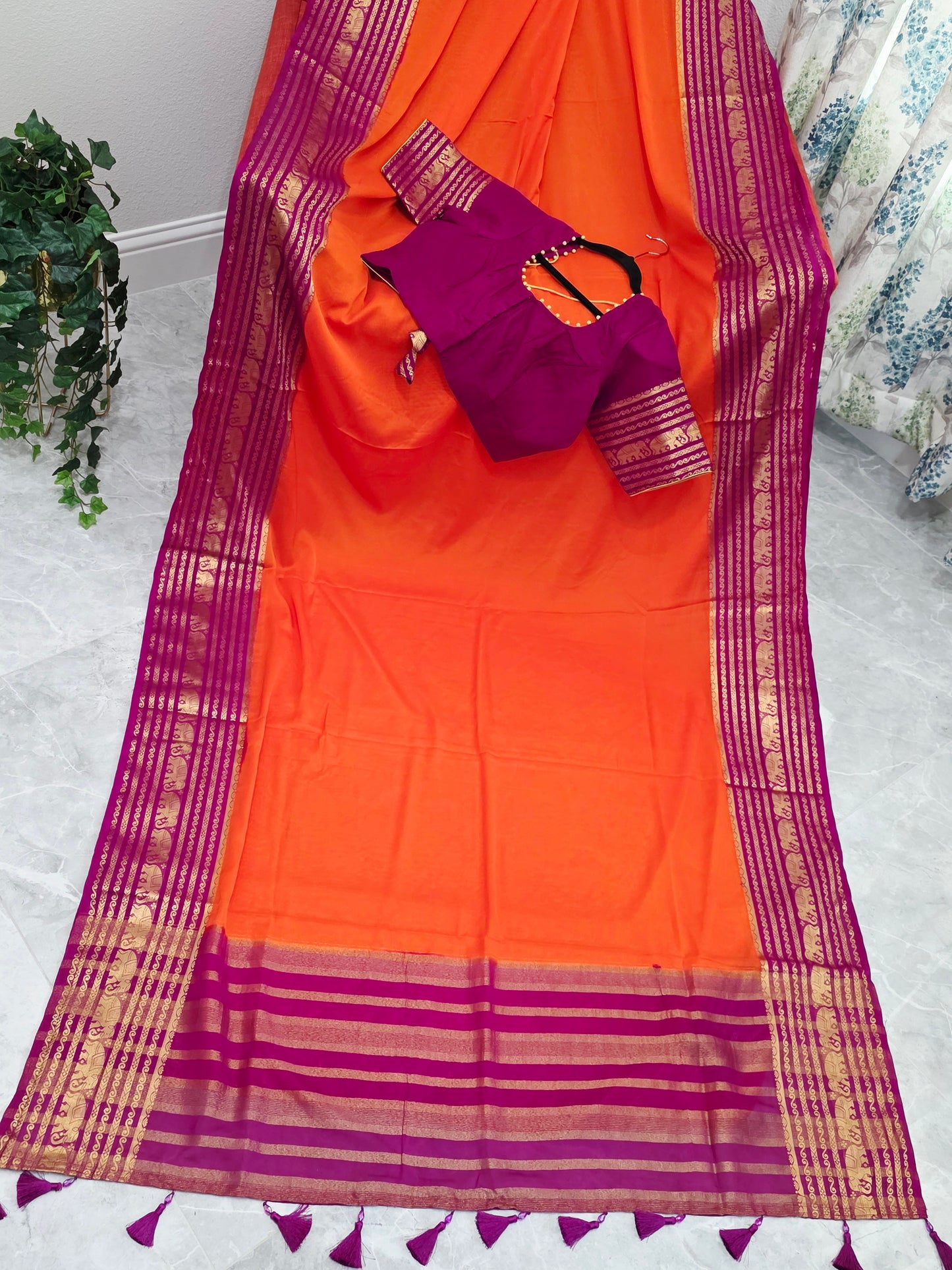 Sunset Orange & Rani Magenta Semi Mysore Crepe Silk Saree With Stitched Blouse