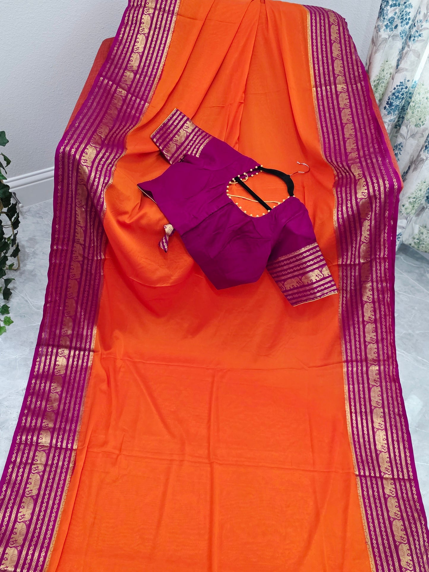 Sunset Orange & Rani Magenta Semi Mysore Crepe Silk Saree With Stitched Blouse