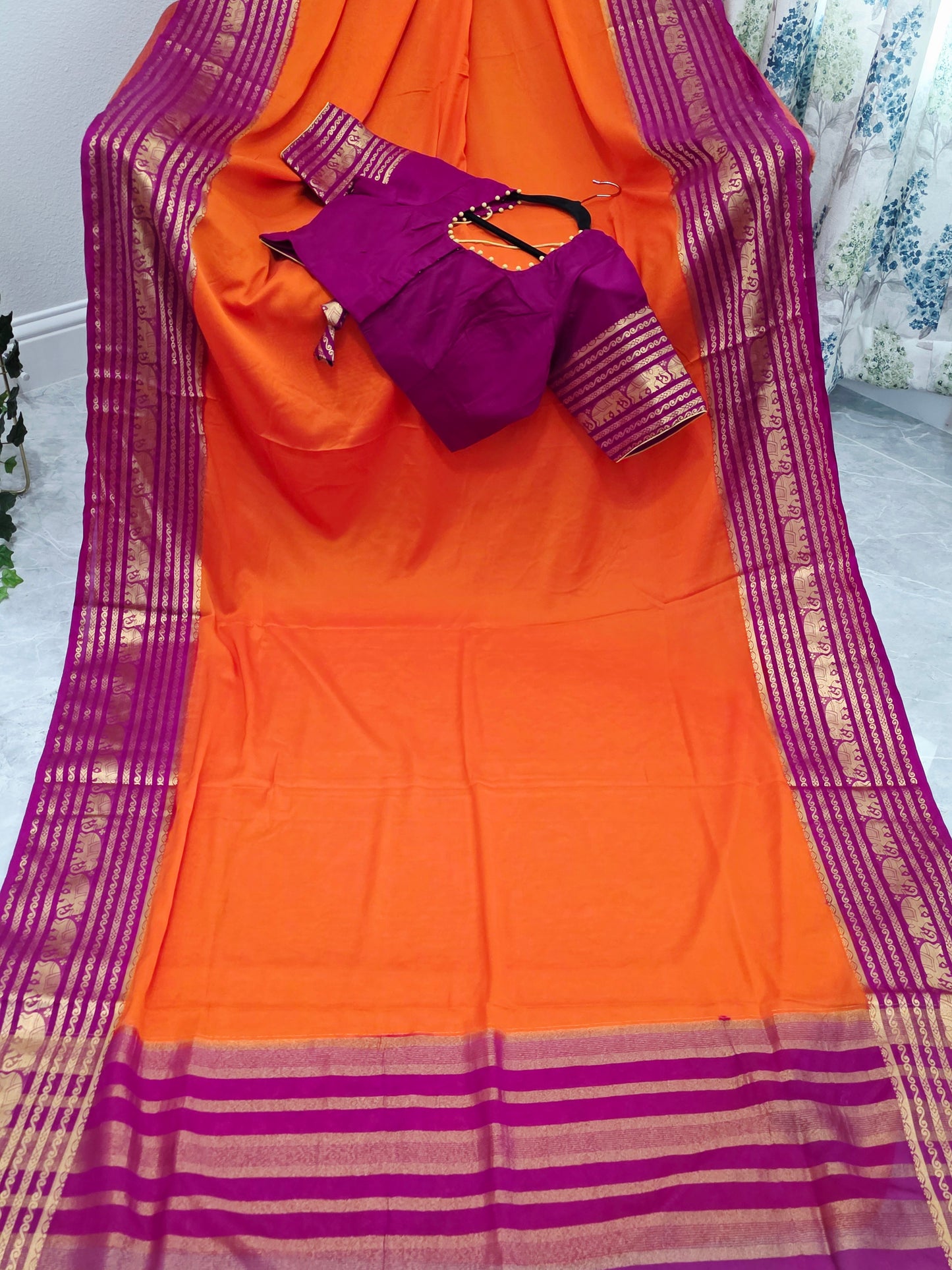 Sunset Orange & Rani Magenta Semi Mysore Crepe Silk Saree With Stitched Blouse