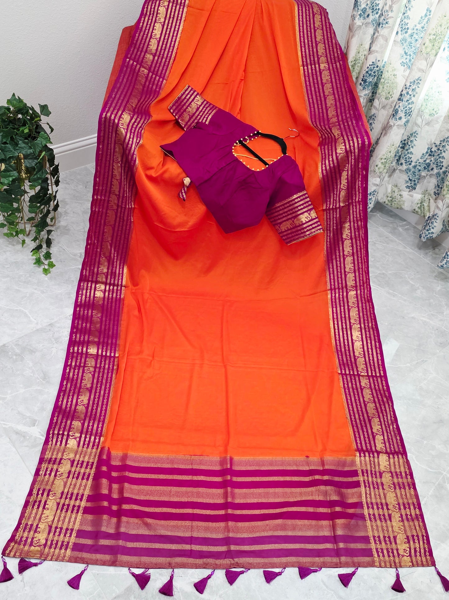 Sunset Orange & Rani Magenta Semi Mysore Crepe Silk Saree With Stitched Blouse