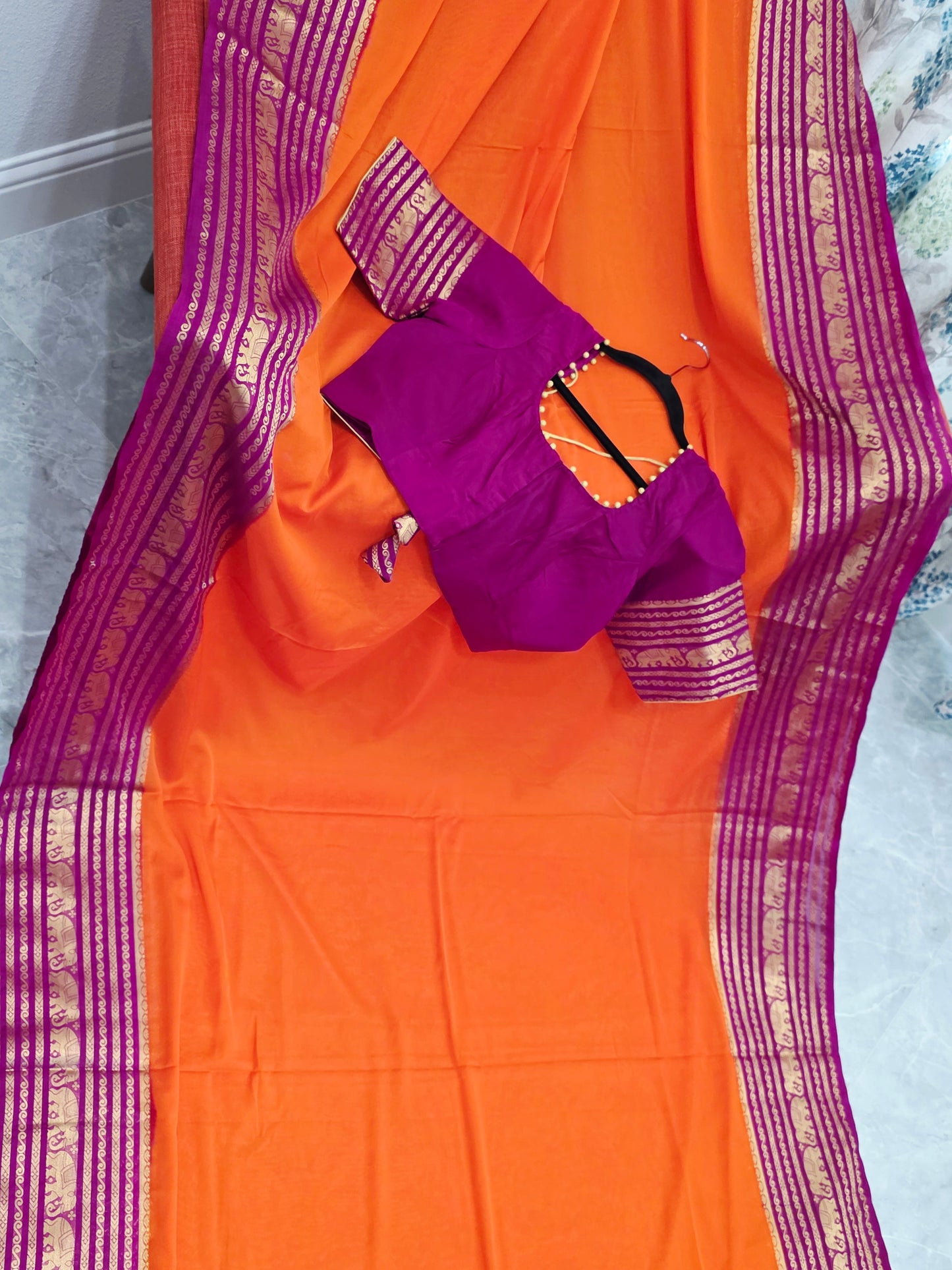 Sunset Orange & Rani Magenta Semi Mysore Crepe Silk Saree With Stitched Blouse