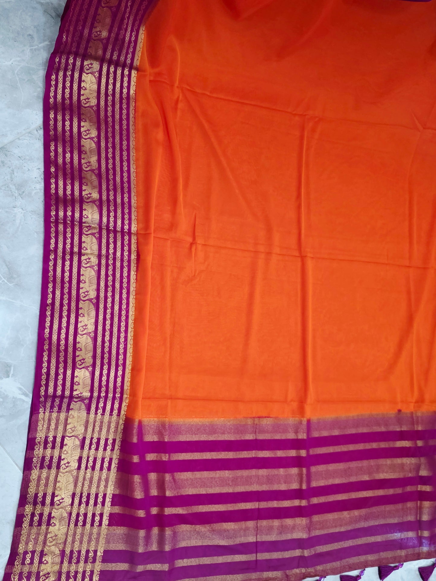 Sunset Orange & Rani Magenta Semi Mysore Crepe Silk Saree With Stitched Blouse