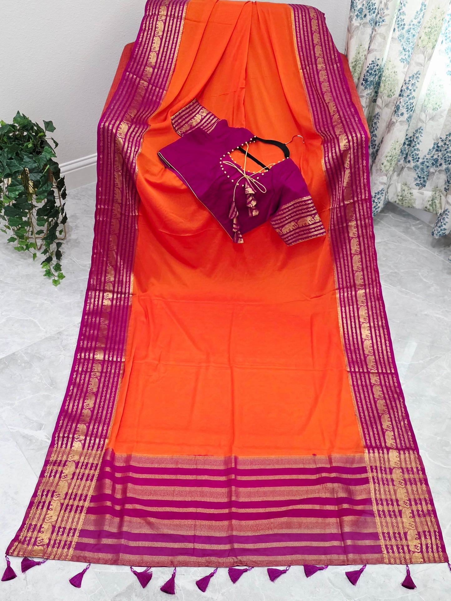 Sunset Orange & Rani Magenta Semi Mysore Crepe Silk Saree With Stitched Blouse