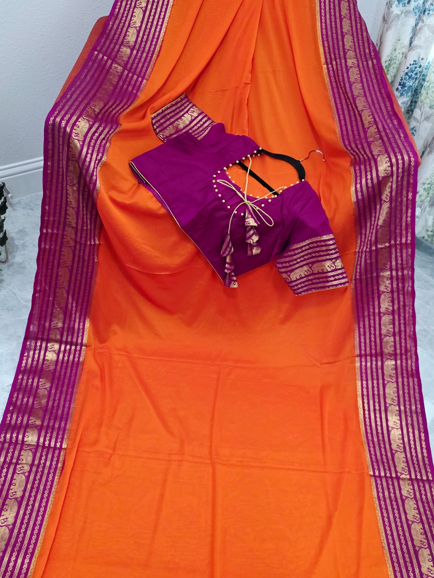 Sunset Orange & Rani Magenta Semi Mysore Crepe Silk Saree With Stitched Blouse