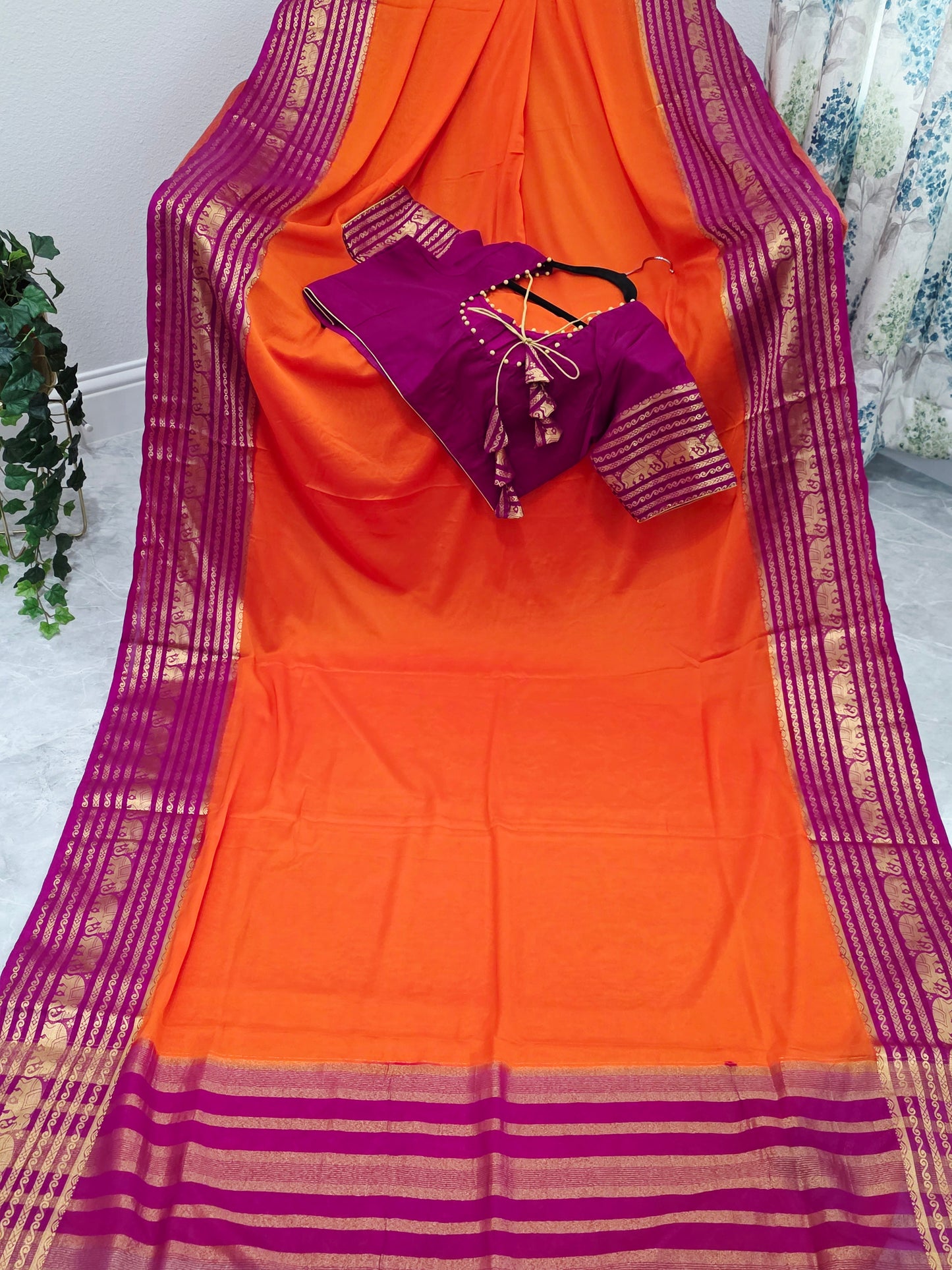 Sunset Orange & Rani Magenta Semi Mysore Crepe Silk Saree With Stitched Blouse