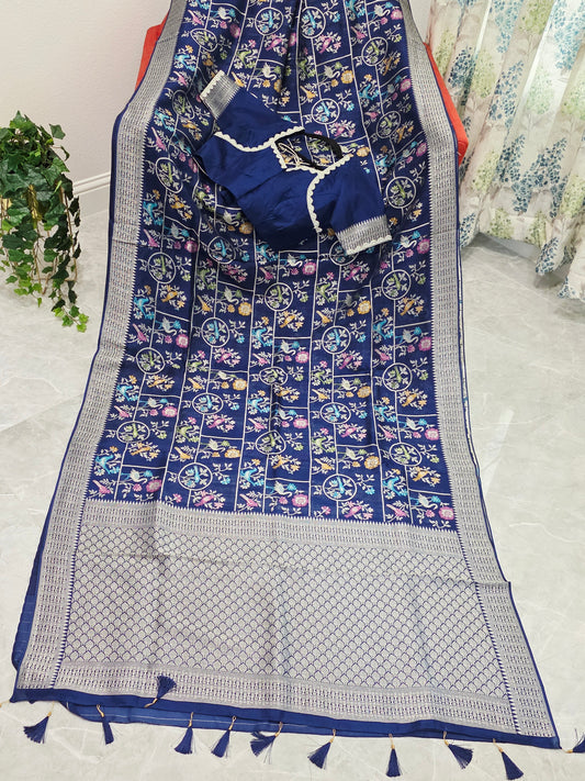 Midnight Navy Chanderi Linen Tussar Blended Benarasi Saree With Stitched Blouse