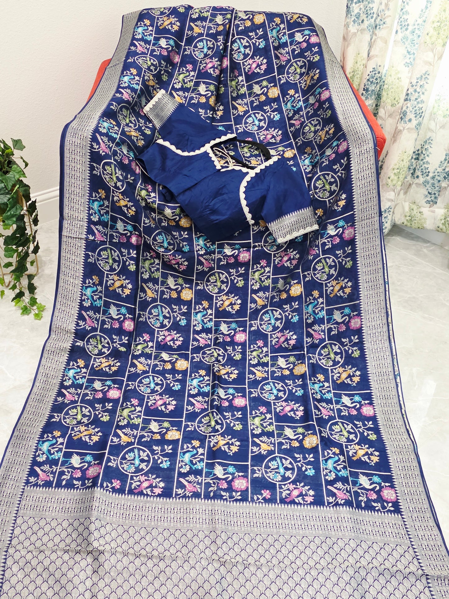 Midnight Navy Chanderi Linen Tussar Blended Benarasi Saree With Stitched Blouse