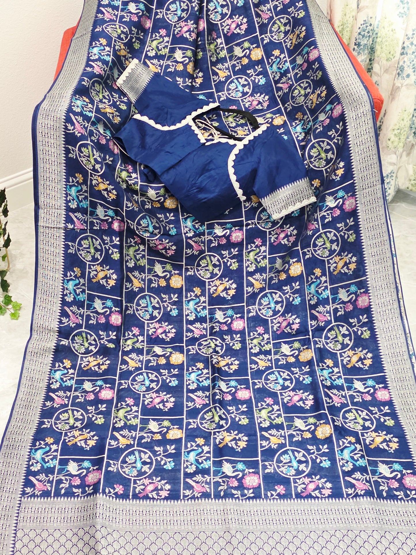 Midnight Navy Chanderi Linen Tussar Blended Benarasi Saree With Stitched Blouse