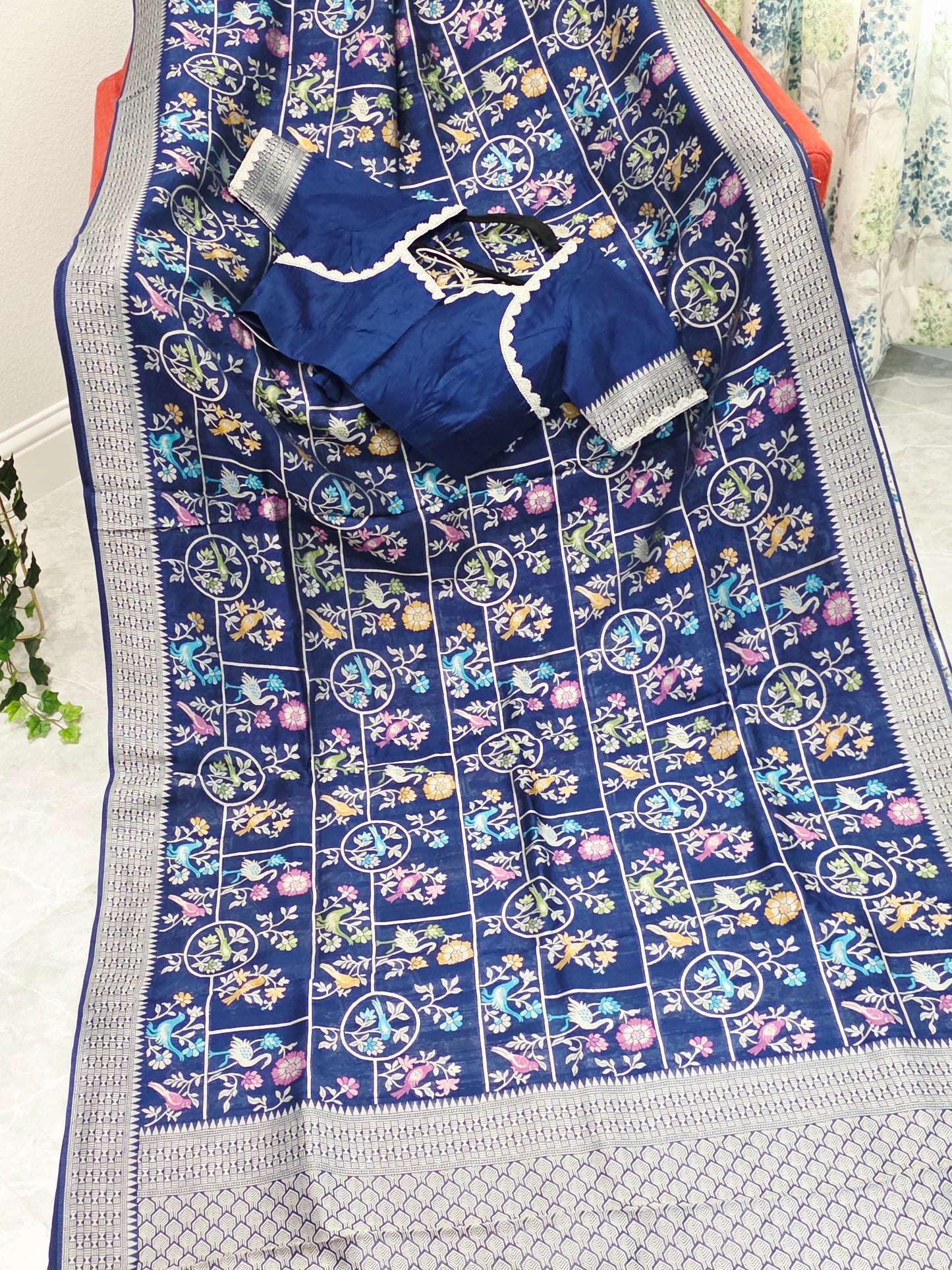 Midnight Navy Chanderi Linen Tussar Blended Benarasi Saree With Stitched Blouse