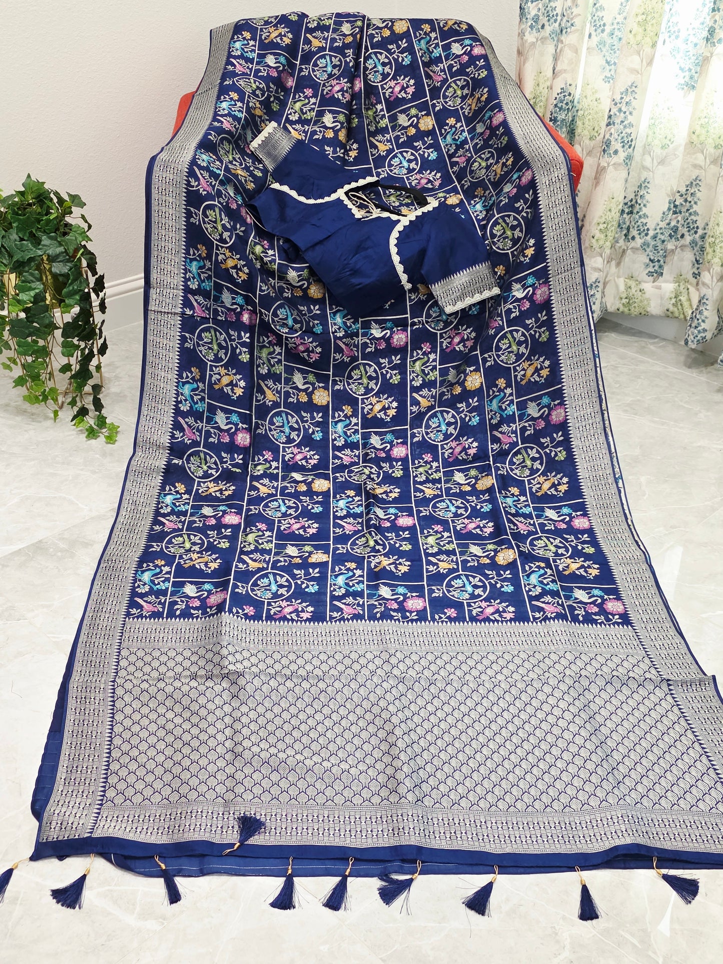 Midnight Navy Chanderi Linen Tussar Blended Benarasi Saree With Stitched Blouse