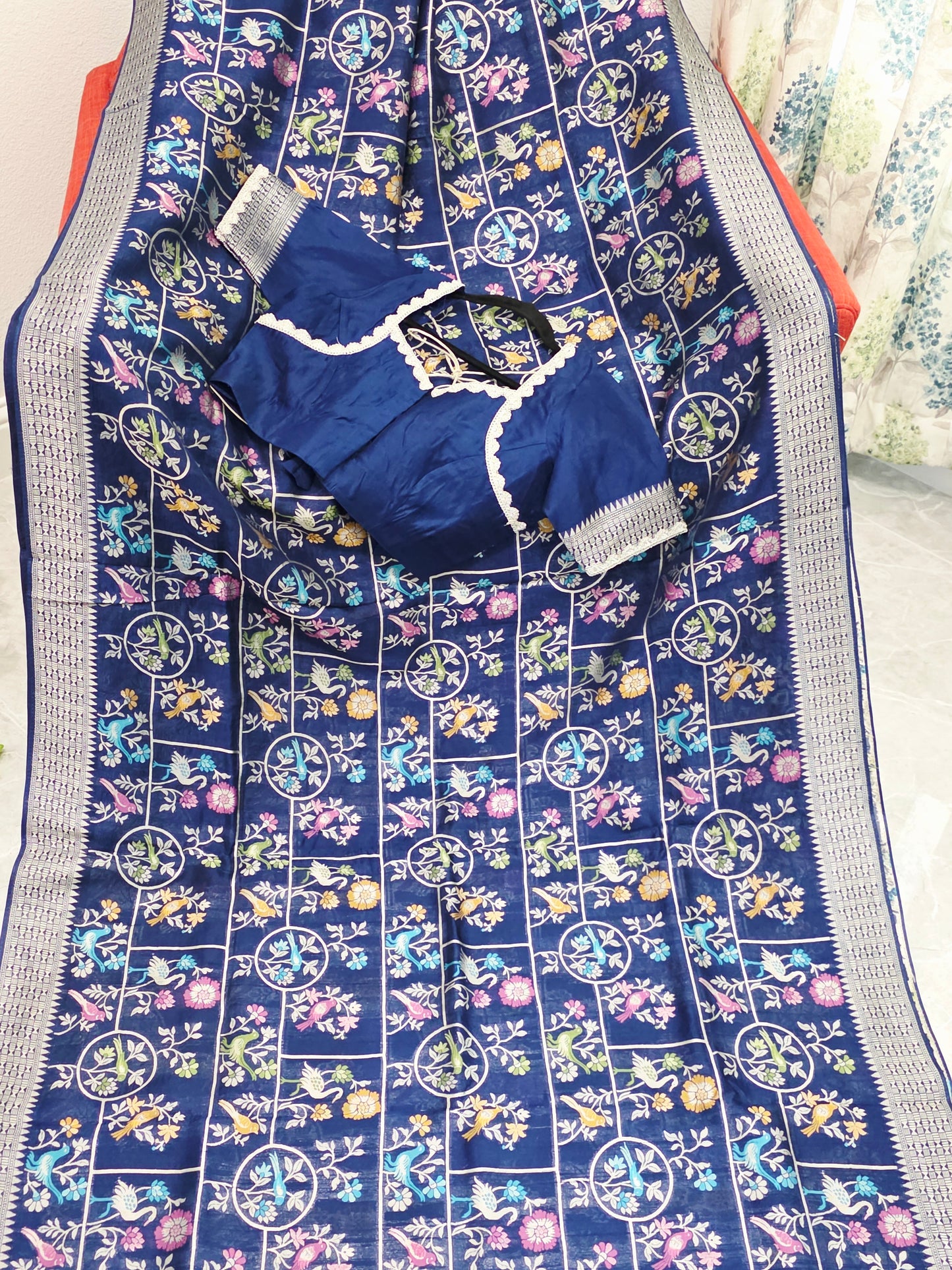 Midnight Navy Chanderi Linen Tussar Blended Benarasi Saree With Stitched Blouse