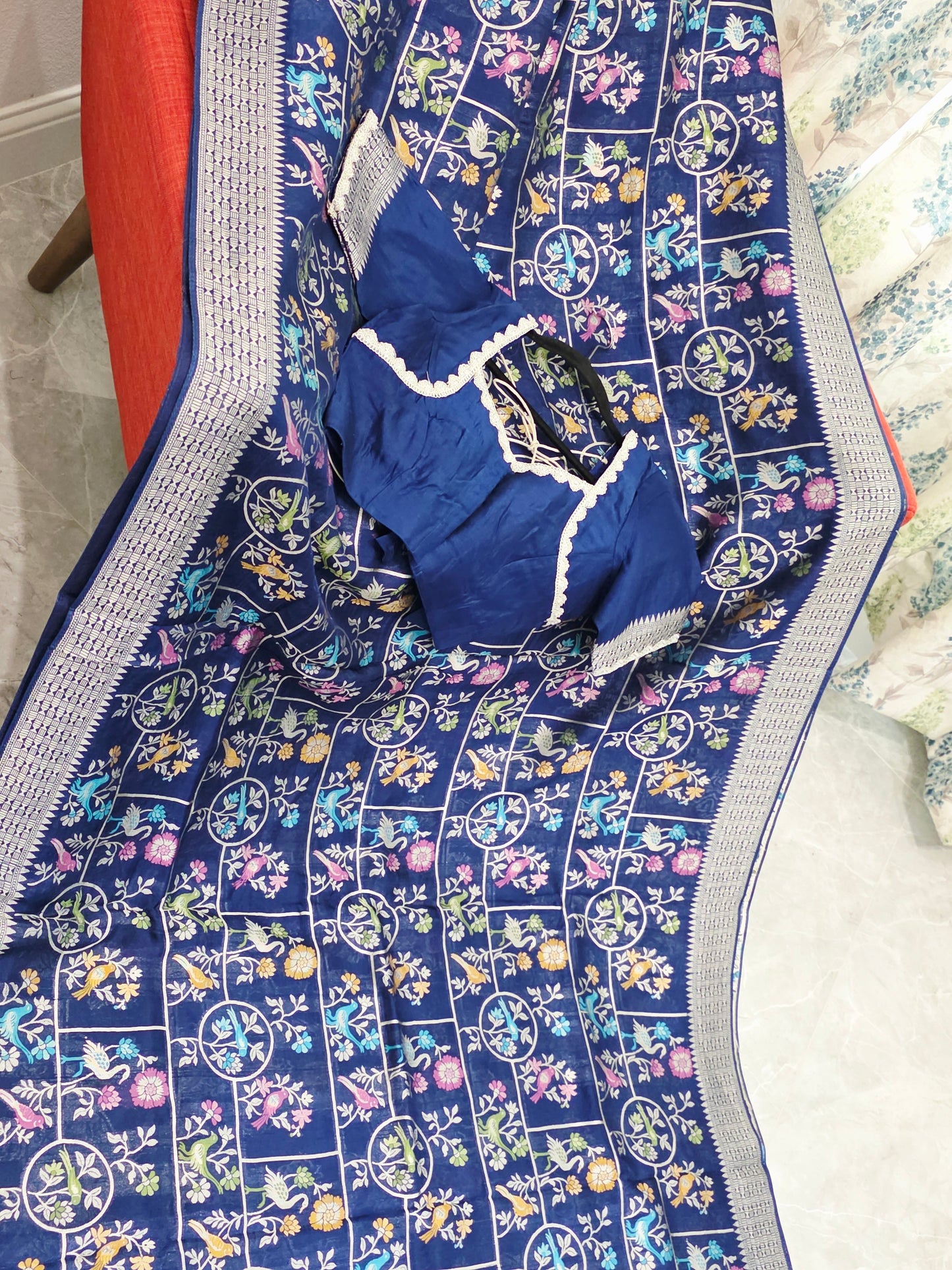 Midnight Navy Chanderi Linen Tussar Blended Benarasi Saree With Stitched Blouse