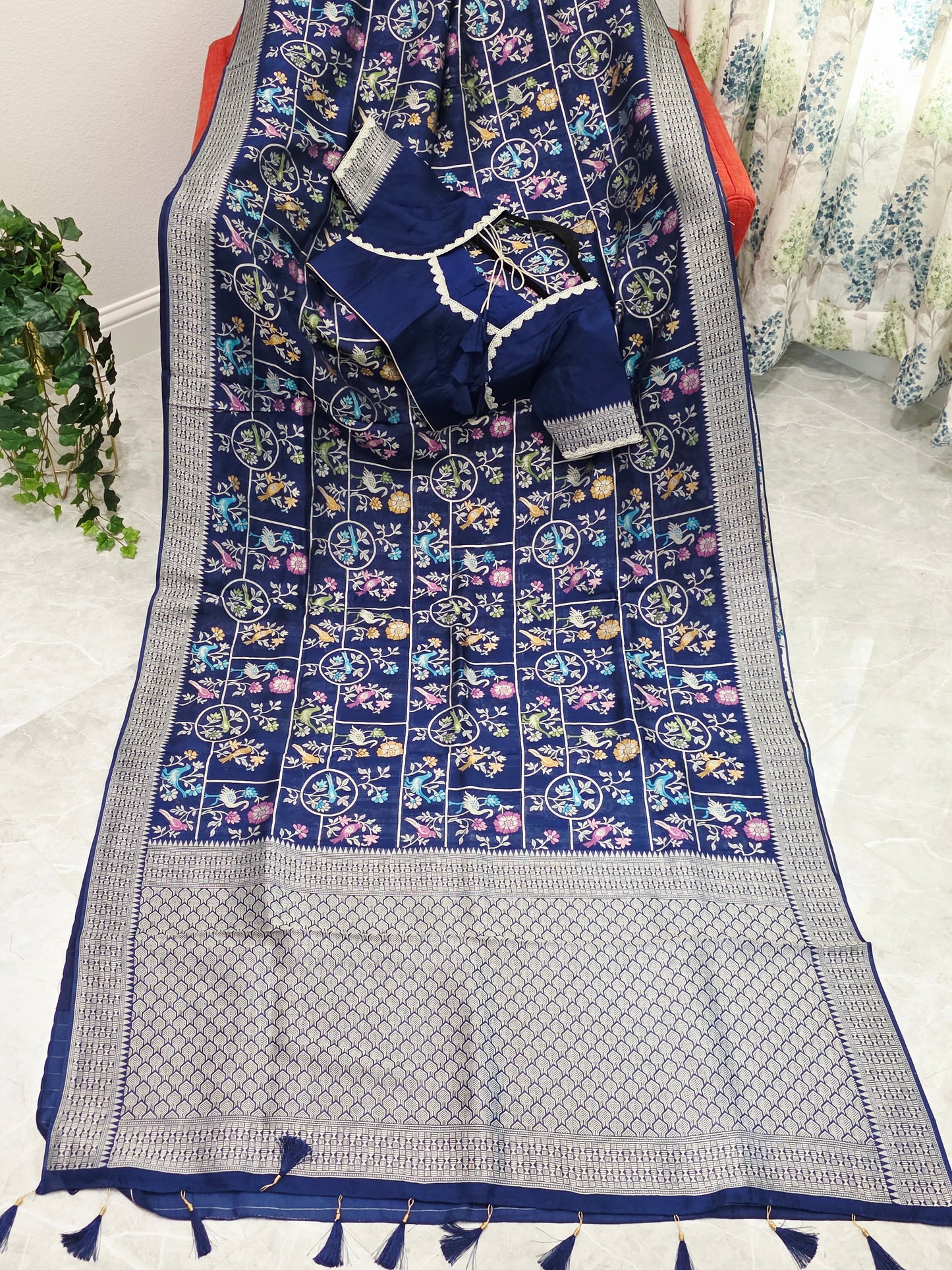 Midnight Navy Chanderi Linen Tussar Blended Benarasi Saree With Stitched Blouse
