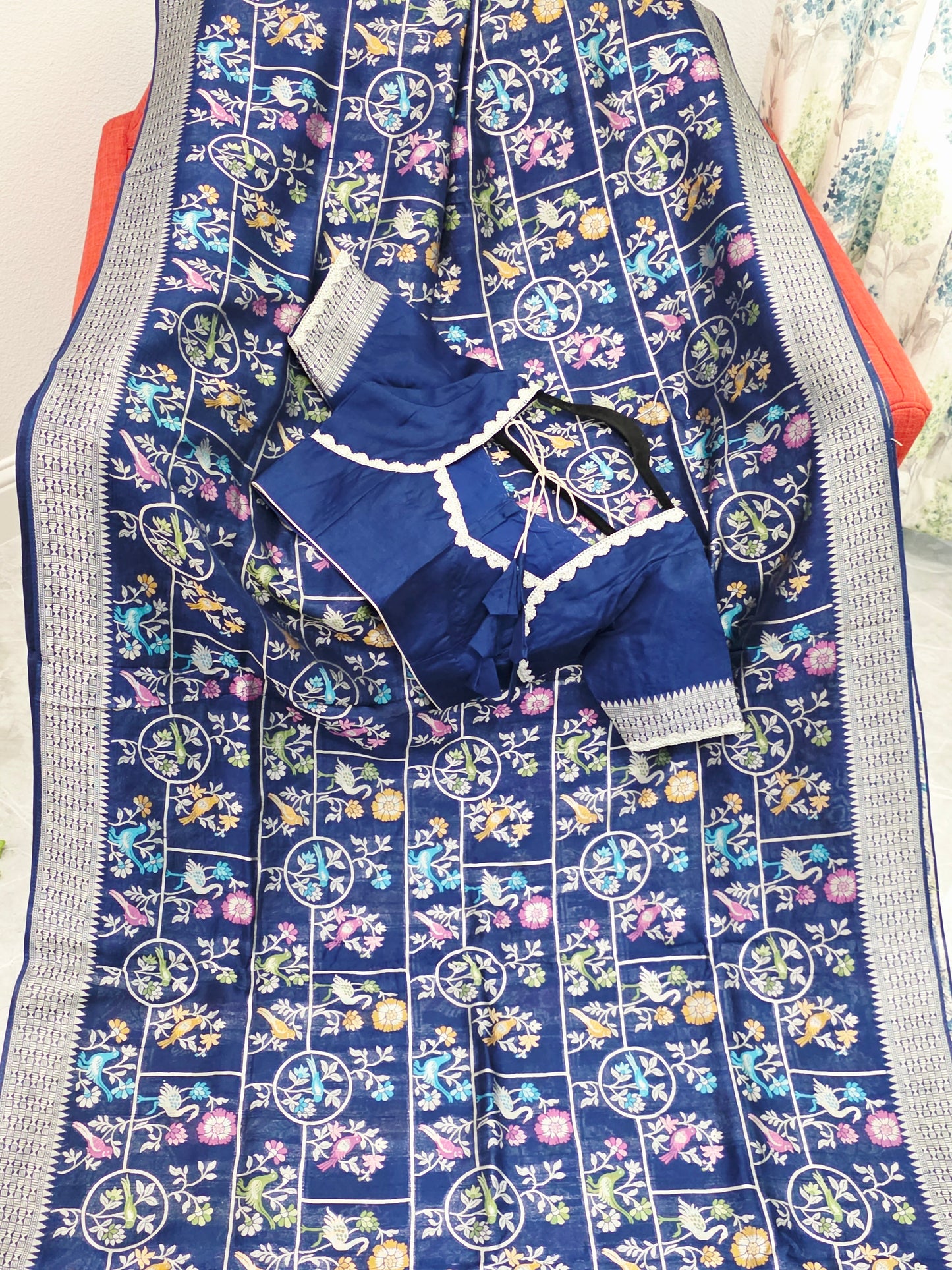 Midnight Navy Chanderi Linen Tussar Blended Benarasi Saree With Stitched Blouse
