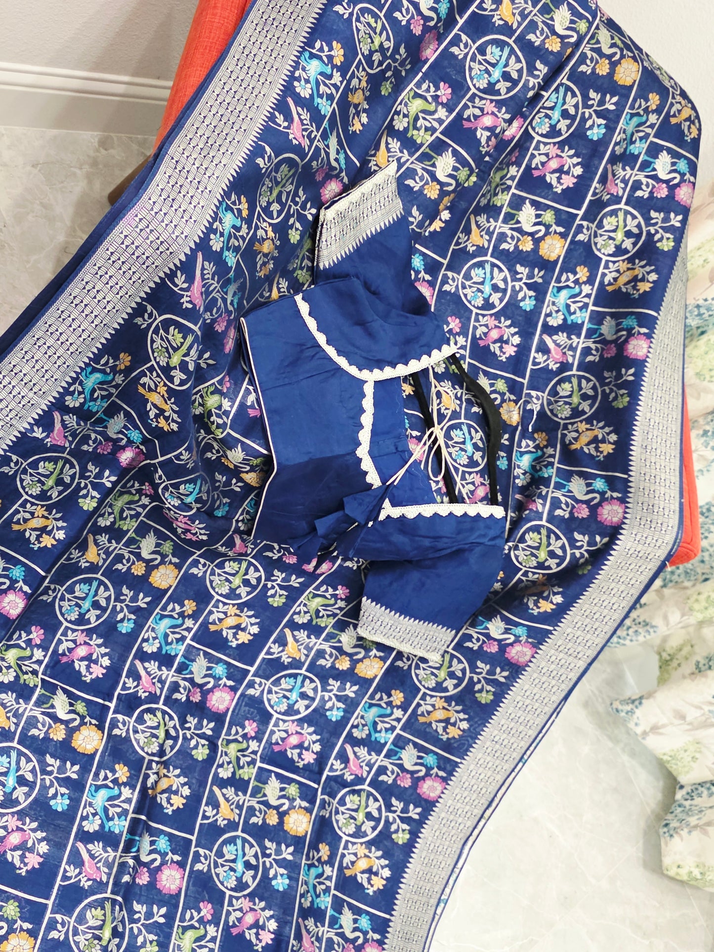 Midnight Navy Chanderi Linen Tussar Blended Benarasi Saree With Stitched Blouse