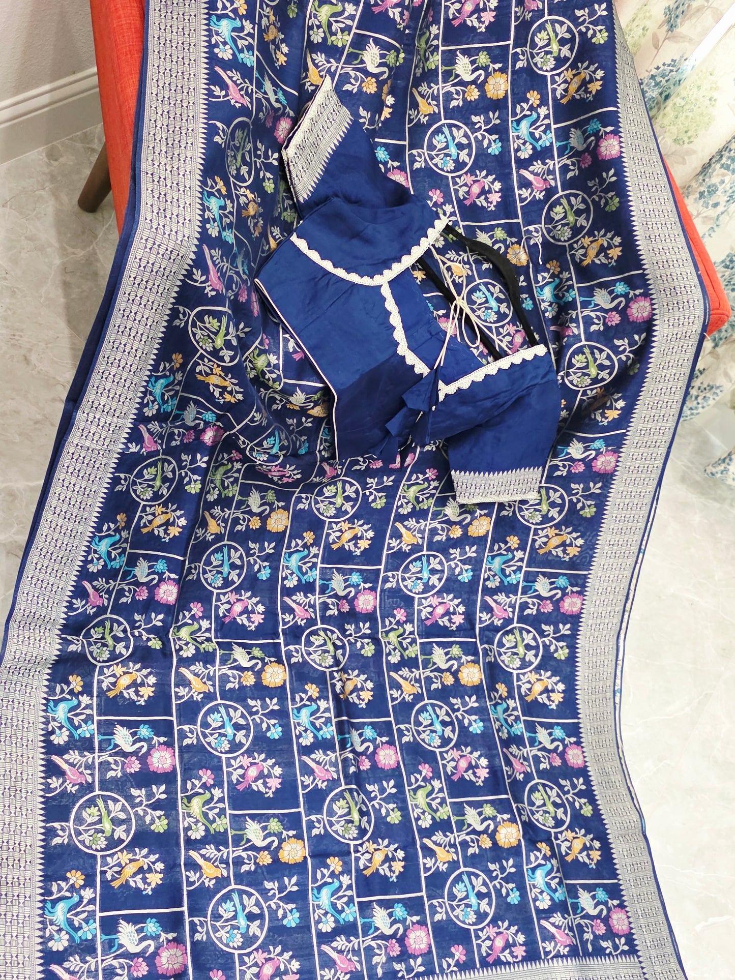 Midnight Navy Chanderi Linen Tussar Blended Benarasi Saree With Stitched Blouse