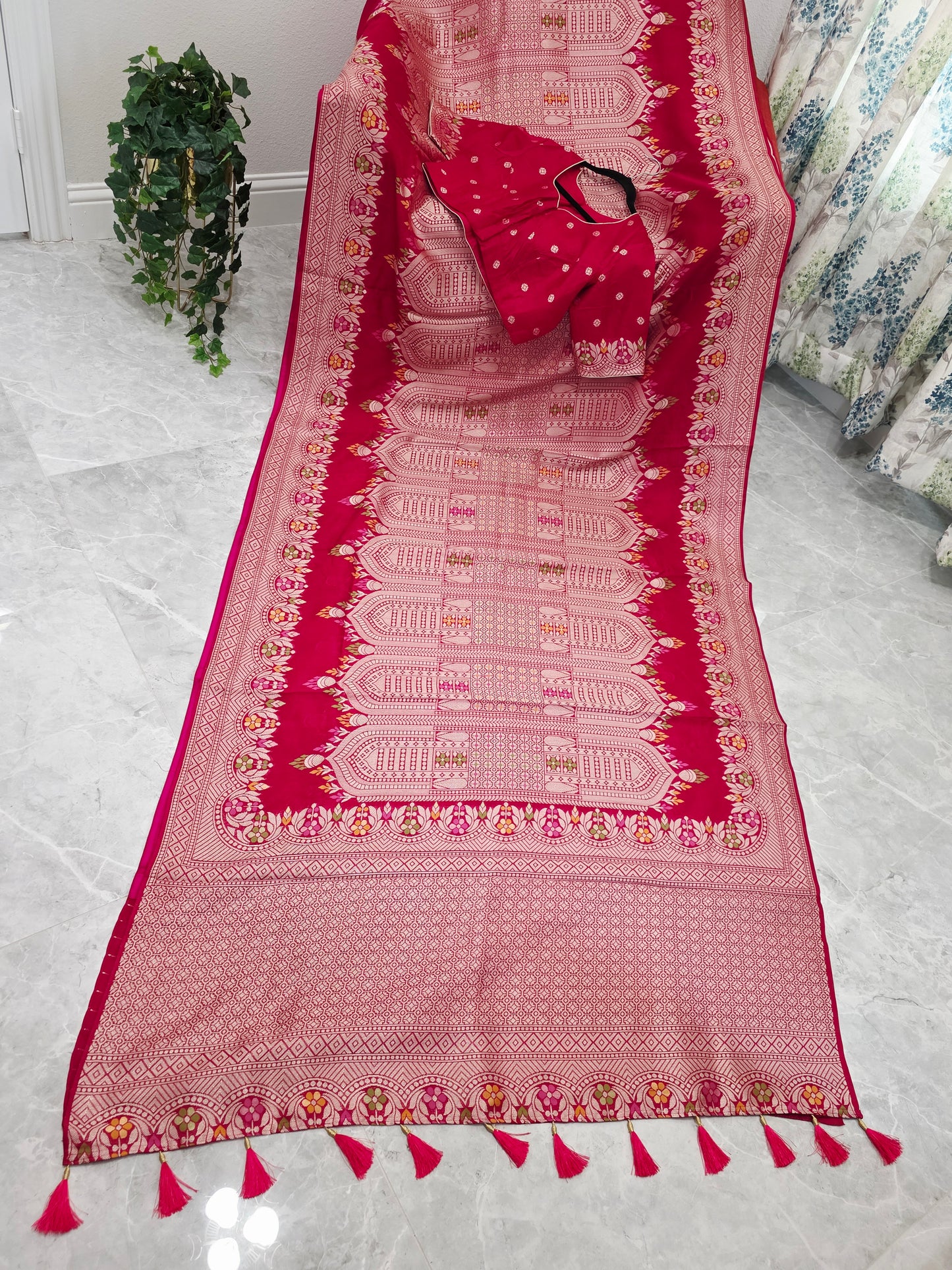 Rani Rose Pink Chanderi Linen Tussar Blended Designer Benarasi Saree With Stitched Blouse Size 42 Extends to 48
