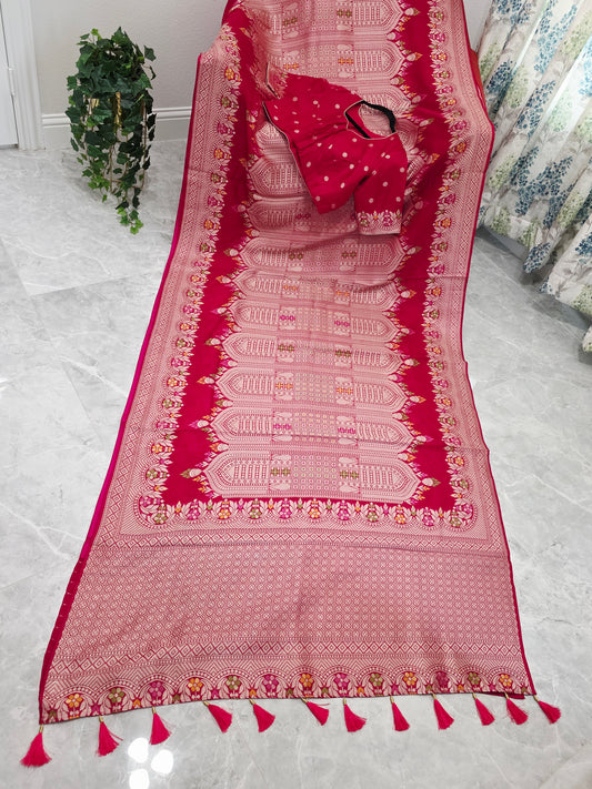 Rani Rose Pink Chanderi Linen Tussar Blended Designer Benarasi Saree With Stitched Blouse Size 42 Extends to 48