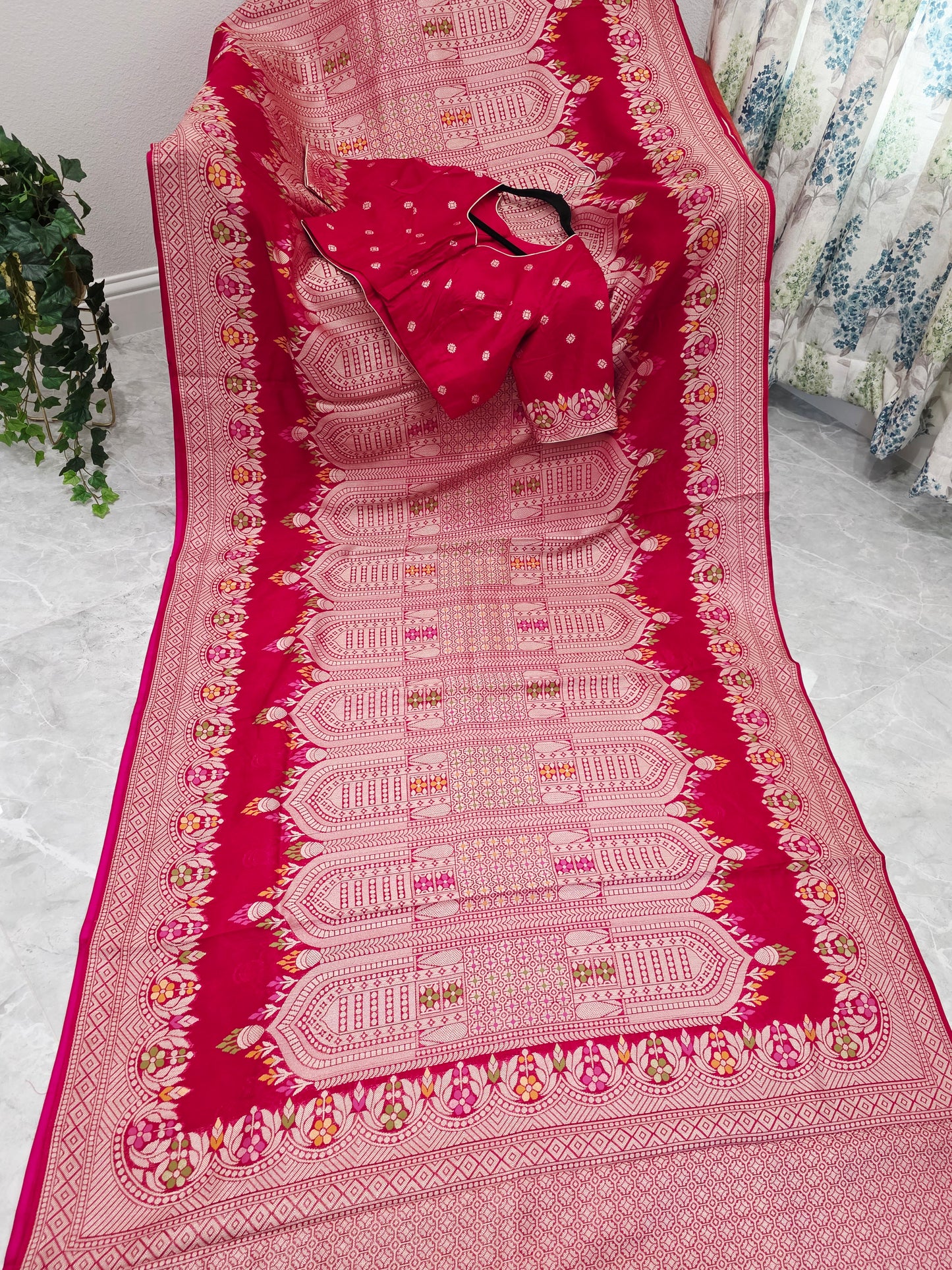 Rani Rose Pink Chanderi Linen Tussar Blended Designer Benarasi Saree With Stitched Blouse Size 42 Extends to 48