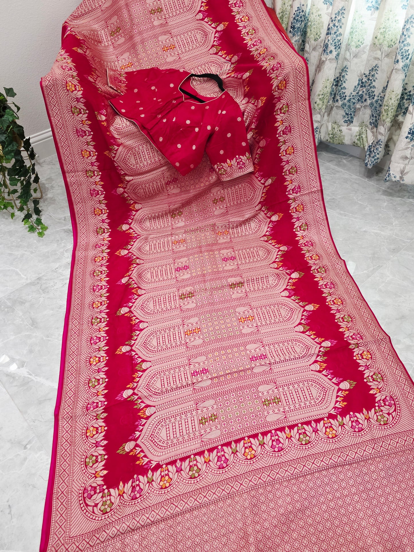 Rani Rose Pink Chanderi Linen Tussar Blended Designer Benarasi Saree With Stitched Blouse Size 42 Extends to 48