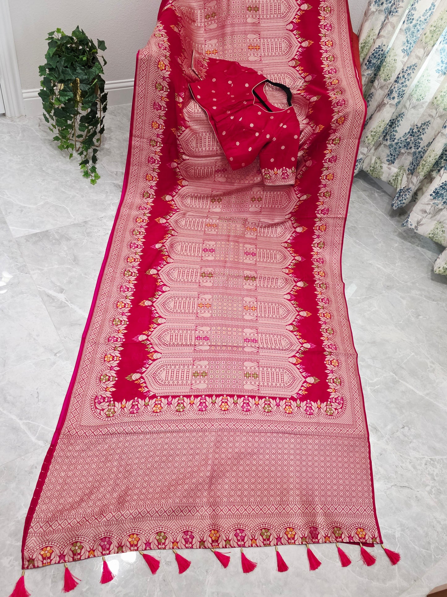Rani Rose Pink Chanderi Linen Tussar Blended Designer Benarasi Saree With Stitched Blouse Size 42 Extends to 48