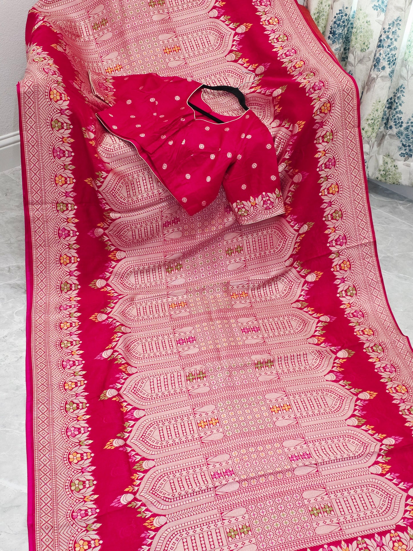 Rani Rose Pink Chanderi Linen Tussar Blended Designer Benarasi Saree With Stitched Blouse Size 42 Extends to 48