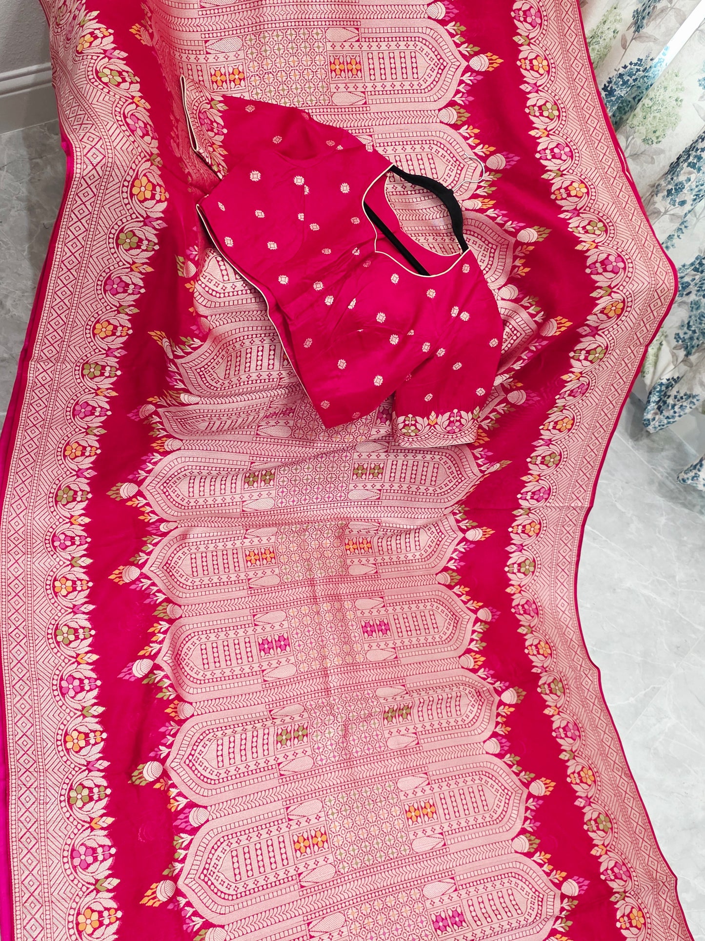 Rani Rose Pink Chanderi Linen Tussar Blended Designer Benarasi Saree With Stitched Blouse Size 42 Extends to 48