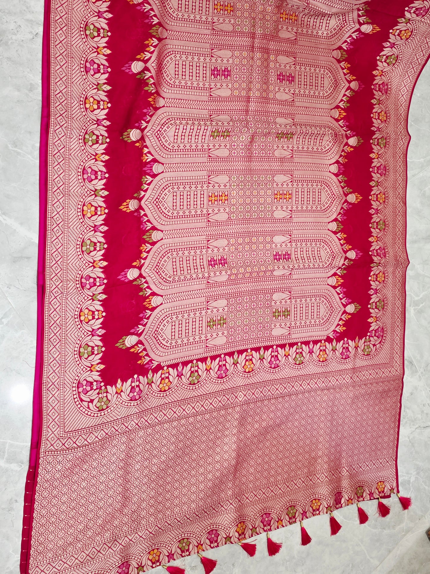 Rani Rose Pink Chanderi Linen Tussar Blended Designer Benarasi Saree With Stitched Blouse Size 42 Extends to 48