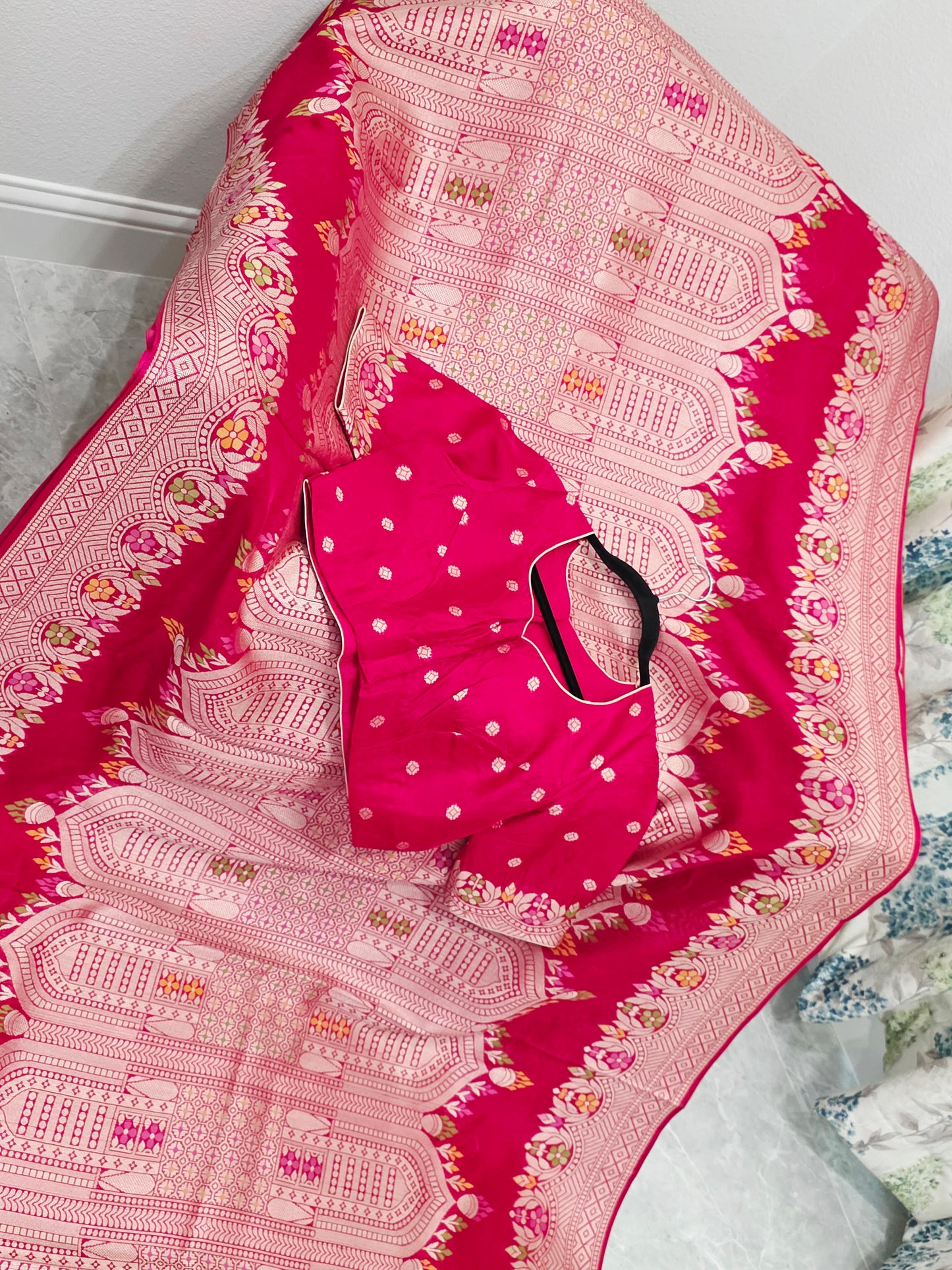 Rani Rose Pink Chanderi Linen Tussar Blended Designer Benarasi Saree With Stitched Blouse Size 42 Extends to 48