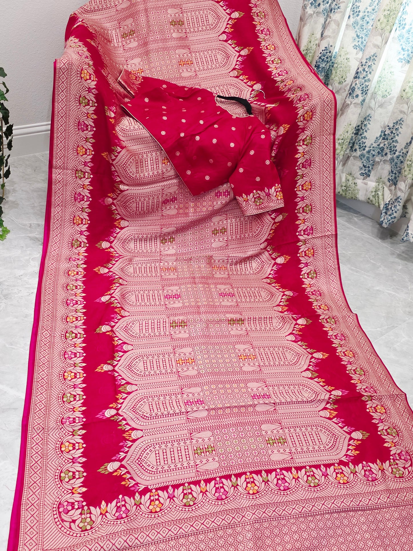 Rani Rose Pink Chanderi Linen Tussar Blended Designer Benarasi Saree With Stitched Blouse Size 42 Extends to 48