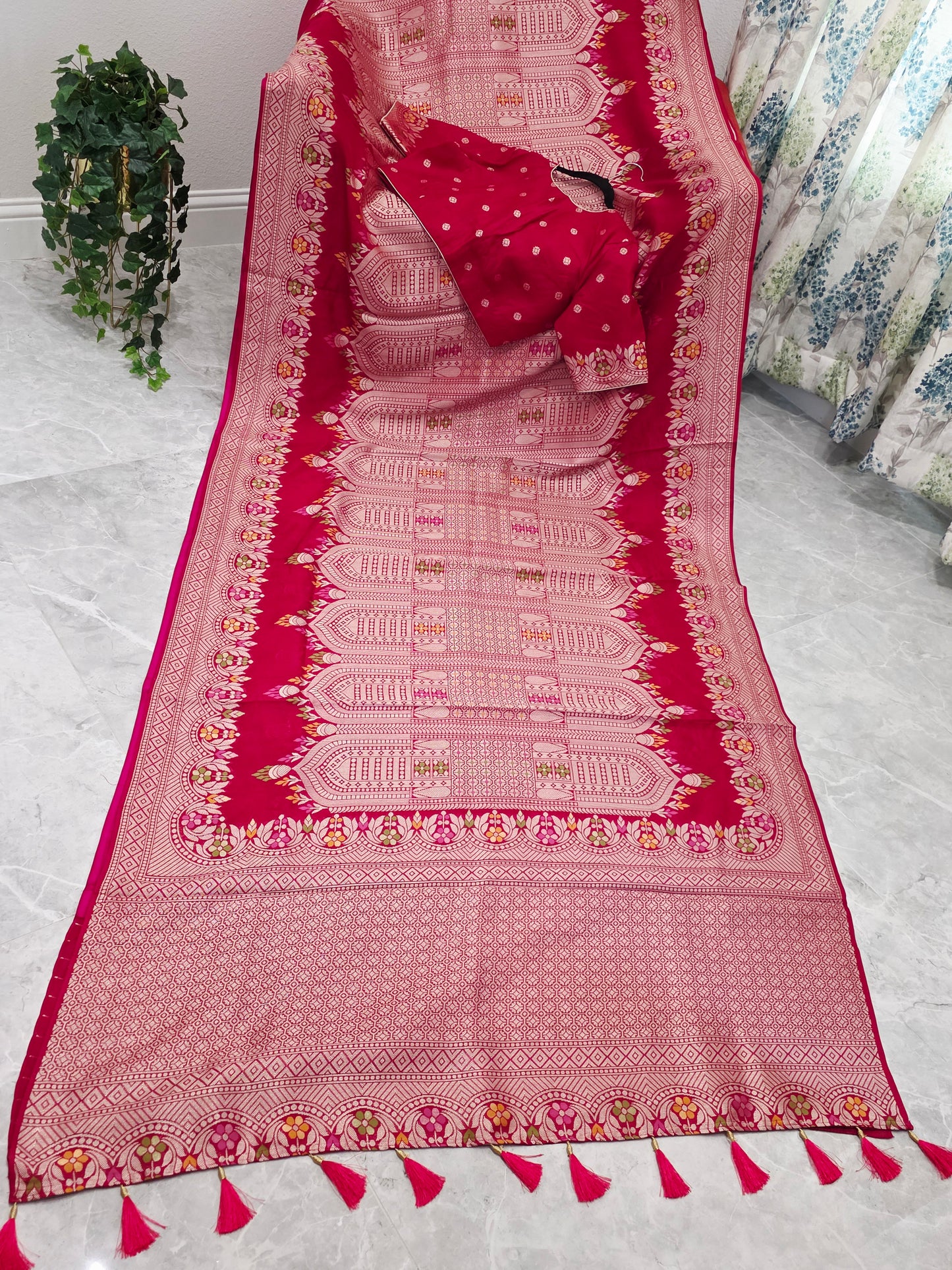 Rani Rose Pink Chanderi Linen Tussar Blended Designer Benarasi Saree With Stitched Blouse Size 42 Extends to 48