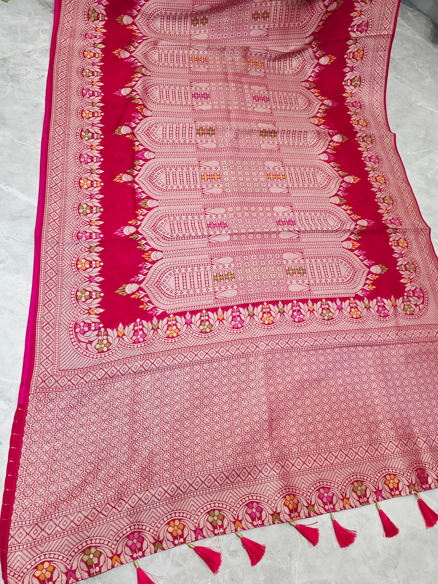 Rani Rose Pink Chanderi Linen Tussar Blended Designer Benarasi Saree With Stitched Blouse Size 42 Extends to 48