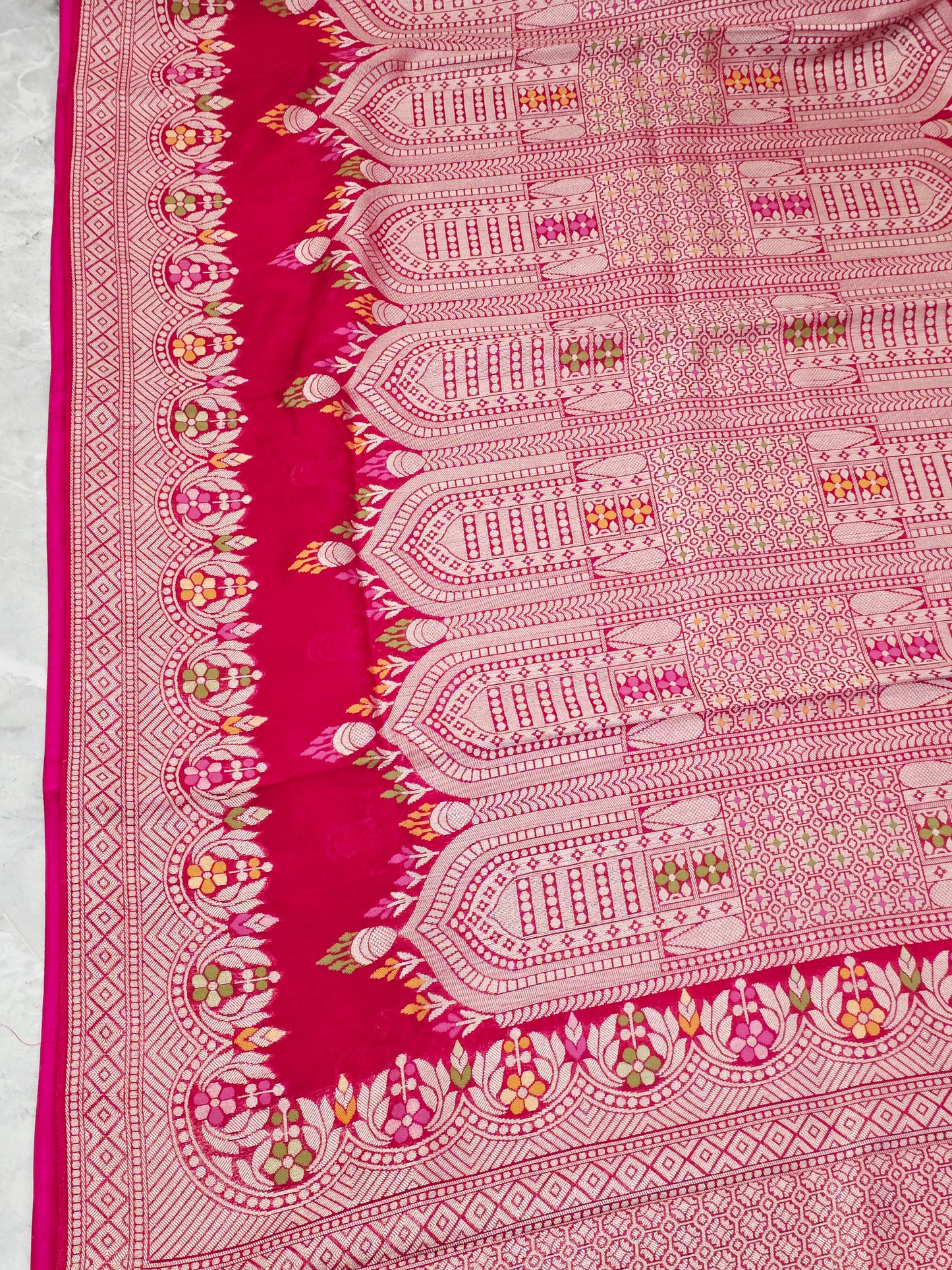 Rani Rose Pink Chanderi Linen Tussar Blended Designer Benarasi Saree With Stitched Blouse Size 42 Extends to 48