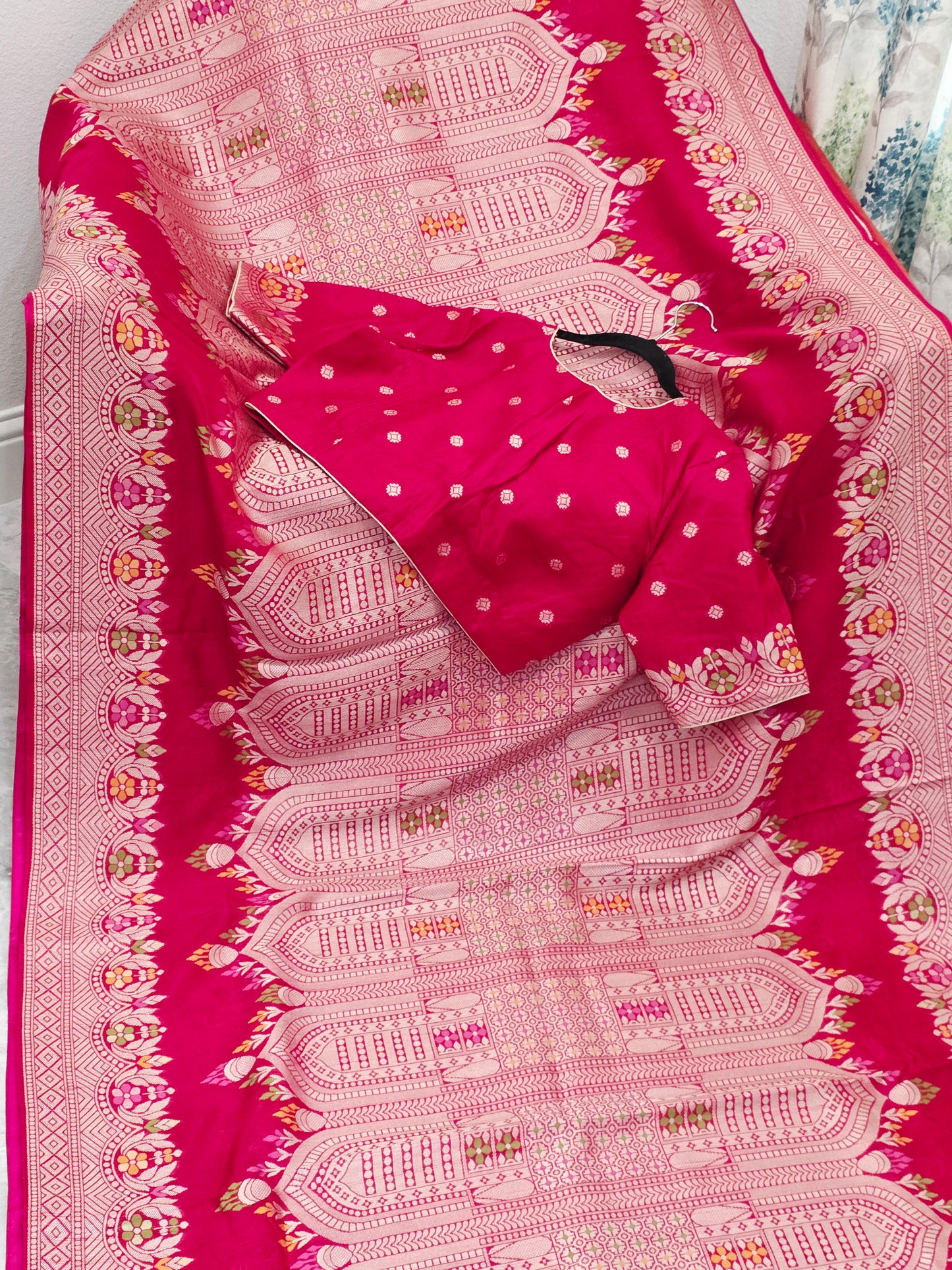 Rani Rose Pink Chanderi Linen Tussar Blended Designer Benarasi Saree With Stitched Blouse Size 42 Extends to 48