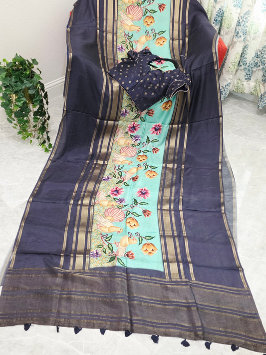 Midnight Navy Birdsong Crepe Silk Saree with Stitched Puff Sleeve Blouse