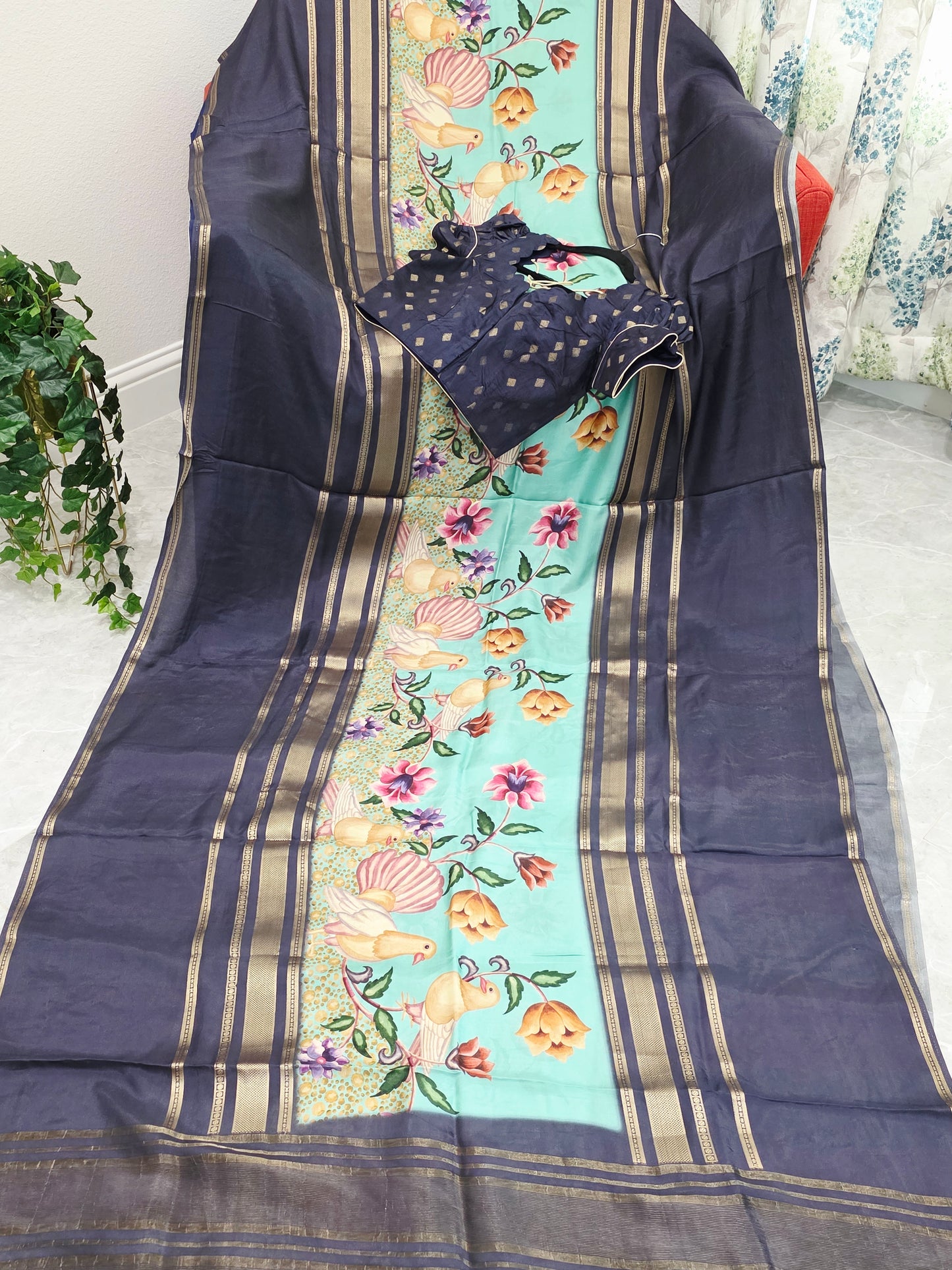 Midnight Navy Birdsong Crepe Silk Saree with Stitched Puff Sleeve Blouse