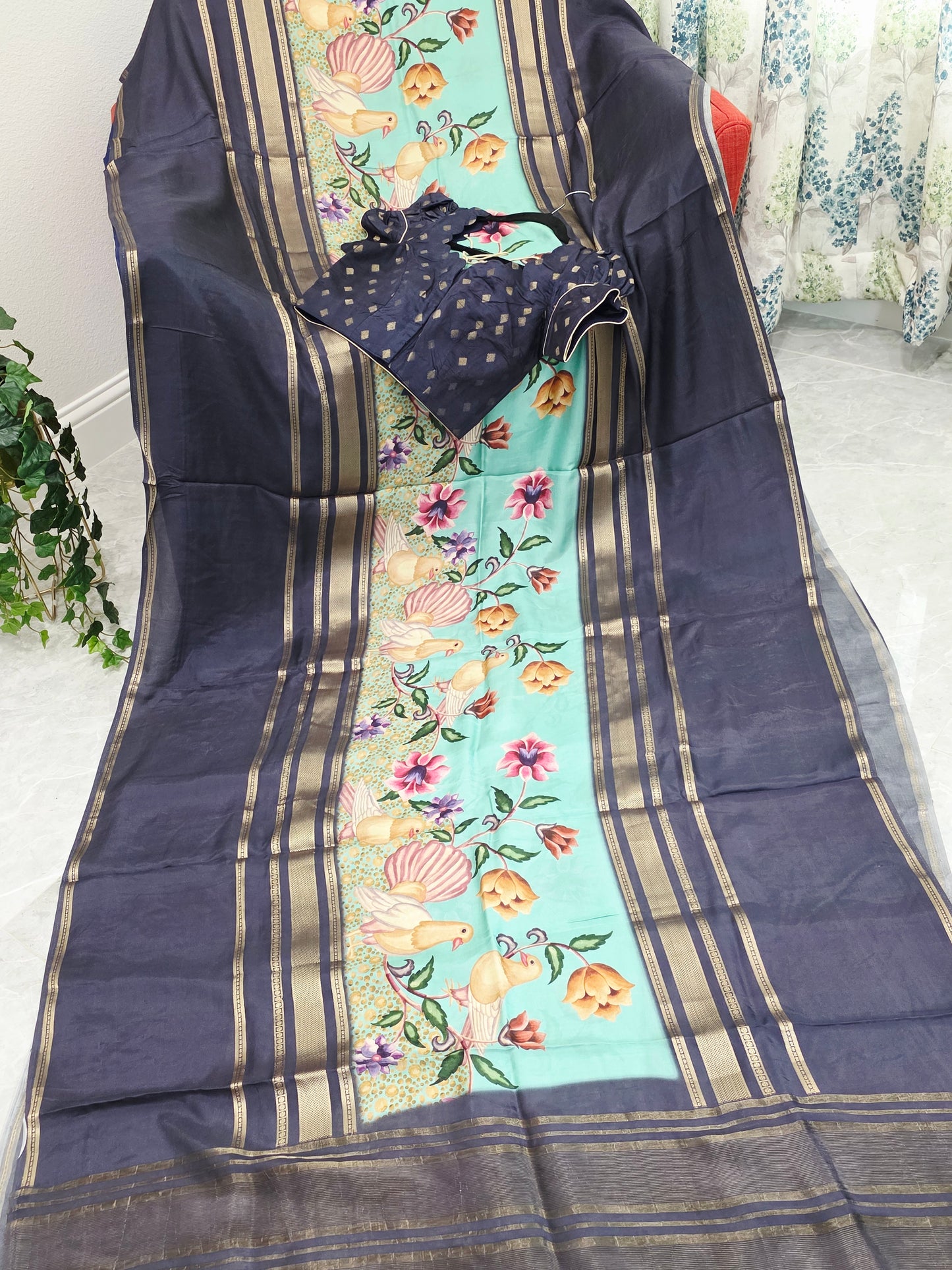 Midnight Navy Birdsong Crepe Silk Saree with Stitched Puff Sleeve Blouse
