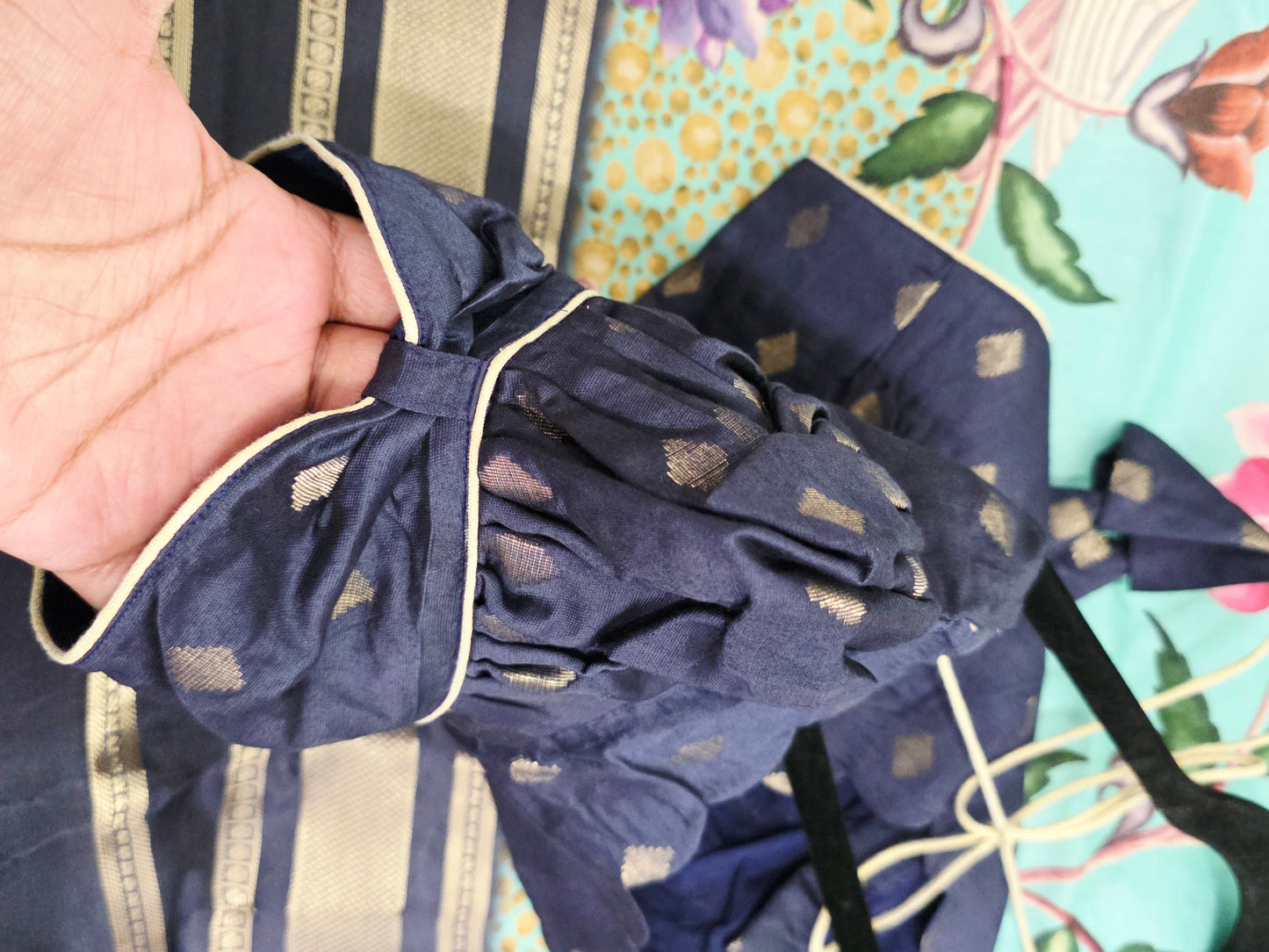 Midnight Navy Birdsong Crepe Silk Saree with Stitched Puff Sleeve Blouse
