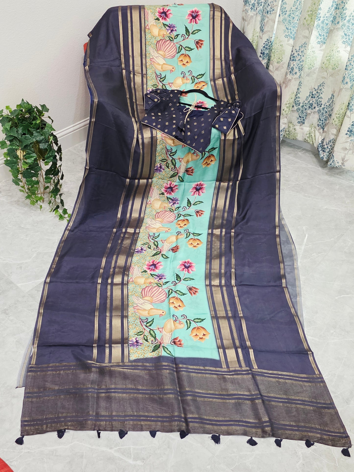 Midnight Navy Birdsong Crepe Silk Saree with Stitched Puff Sleeve Blouse
