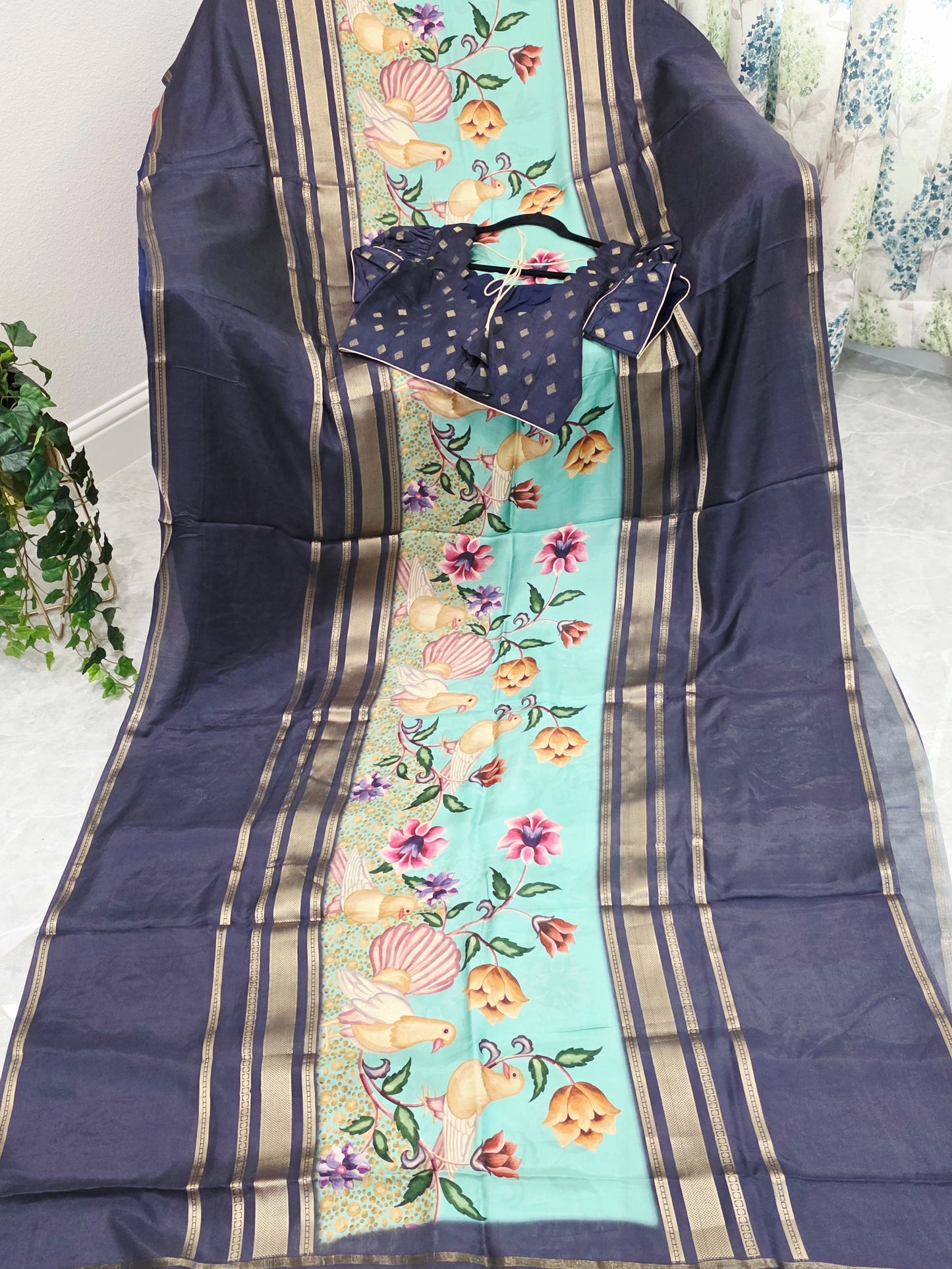 Midnight Navy Birdsong Crepe Silk Saree with Stitched Puff Sleeve Blouse