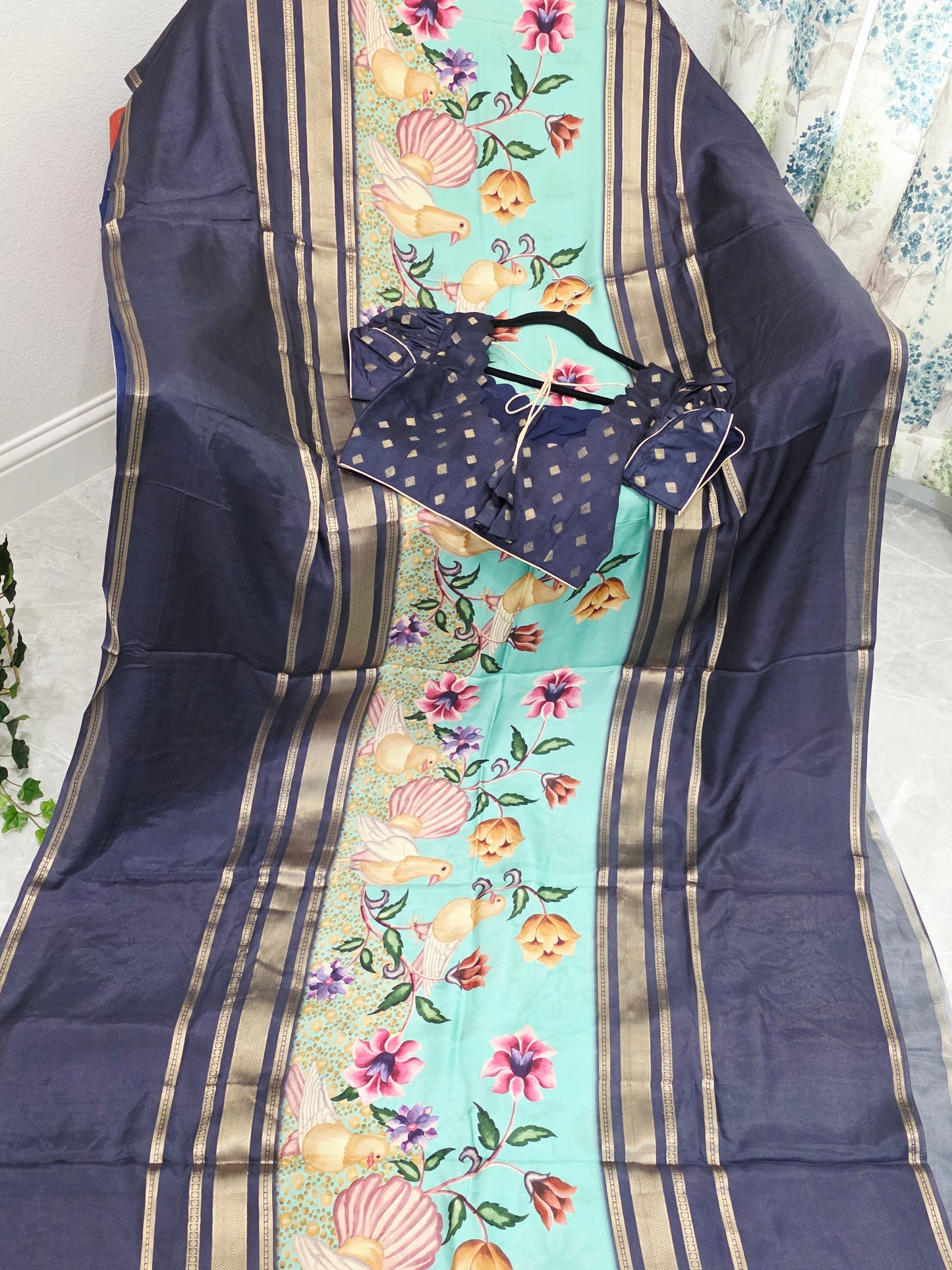 Midnight Navy Birdsong Crepe Silk Saree with Stitched Puff Sleeve Blouse