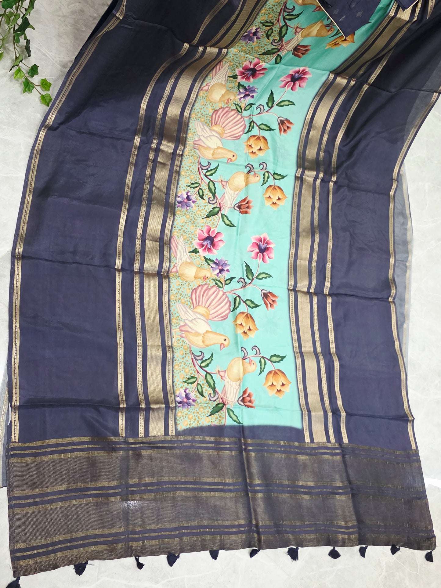 Midnight Navy Birdsong Crepe Silk Saree with Stitched Puff Sleeve Blouse