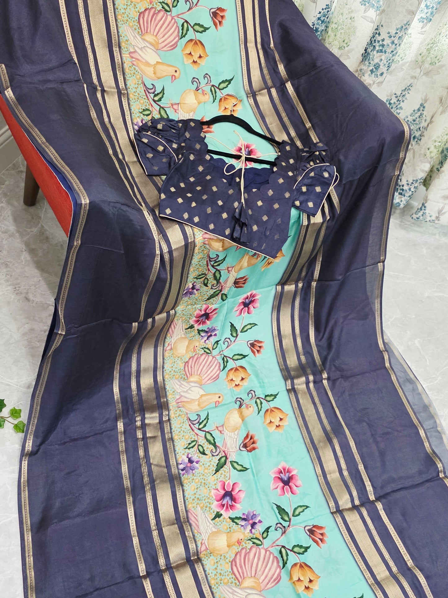 Midnight Navy Birdsong Crepe Silk Saree with Stitched Puff Sleeve Blouse