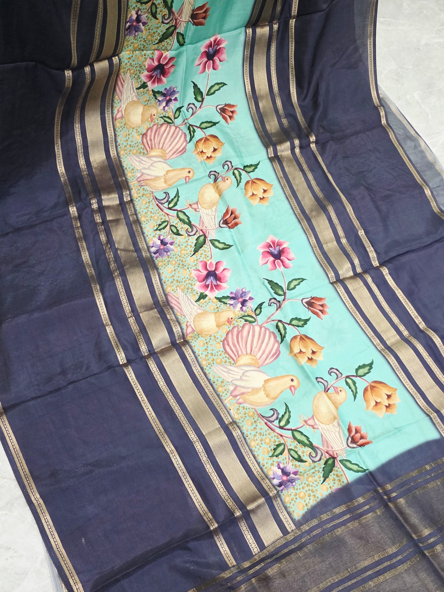 Midnight Navy Birdsong Crepe Silk Saree with Stitched Puff Sleeve Blouse