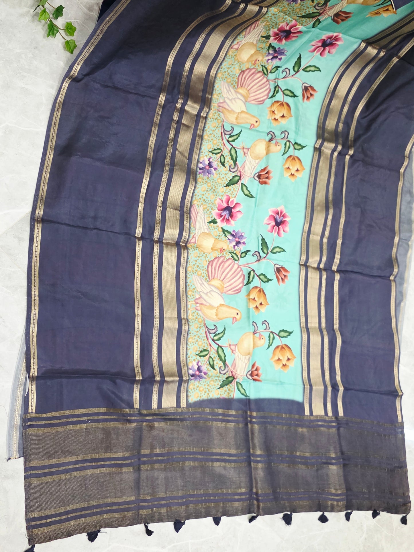 Midnight Navy Birdsong Crepe Silk Saree with Stitched Puff Sleeve Blouse