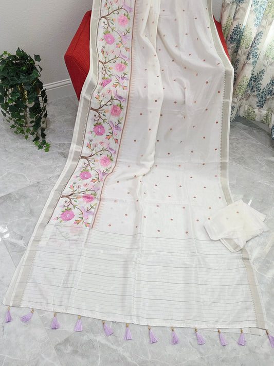 Off White Mangalagiri Silk Cotton Handloom Saree with Bird Embroidered Border