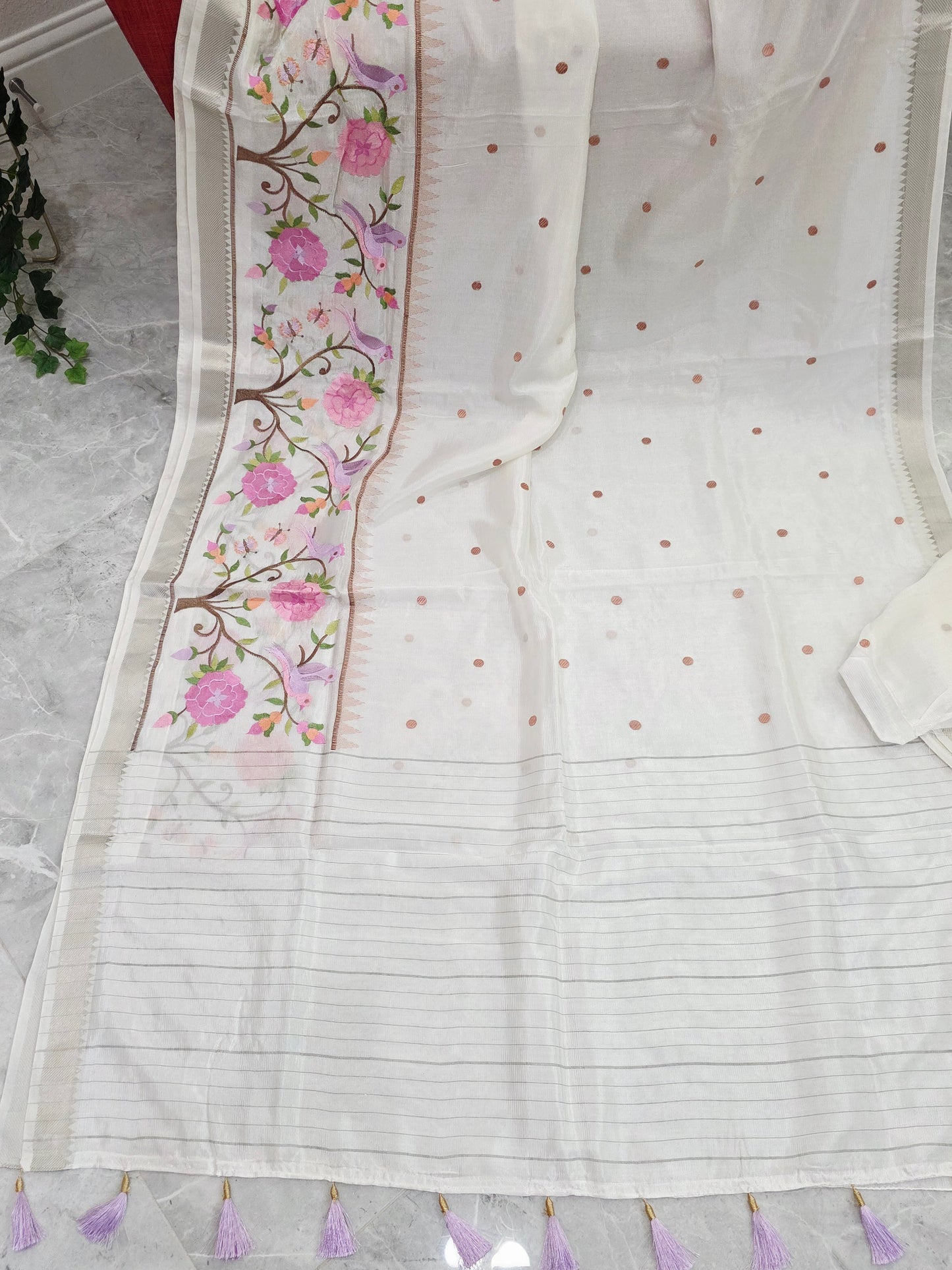 Off White Mangalagiri Silk Cotton Handloom Saree with Bird Embroidered Border